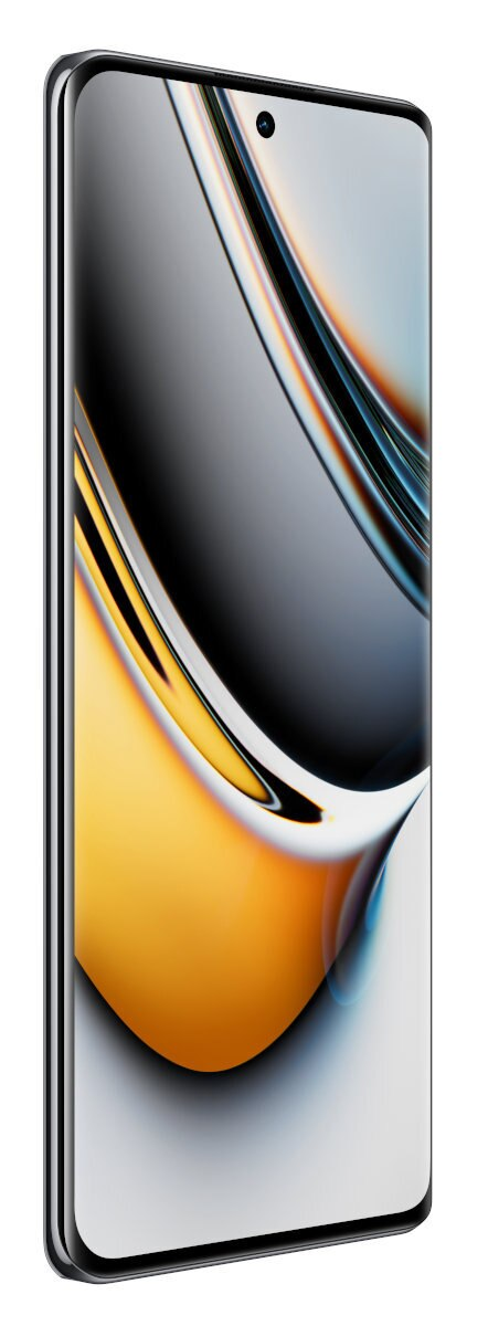 Smartfon w profilu, z błyszczącym czarnym tyłem i zakrzywionym ekranem.