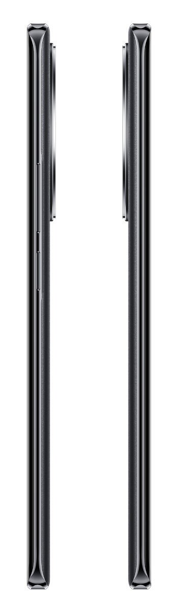 Dwa czarne telefony obok siebie na białym tle.