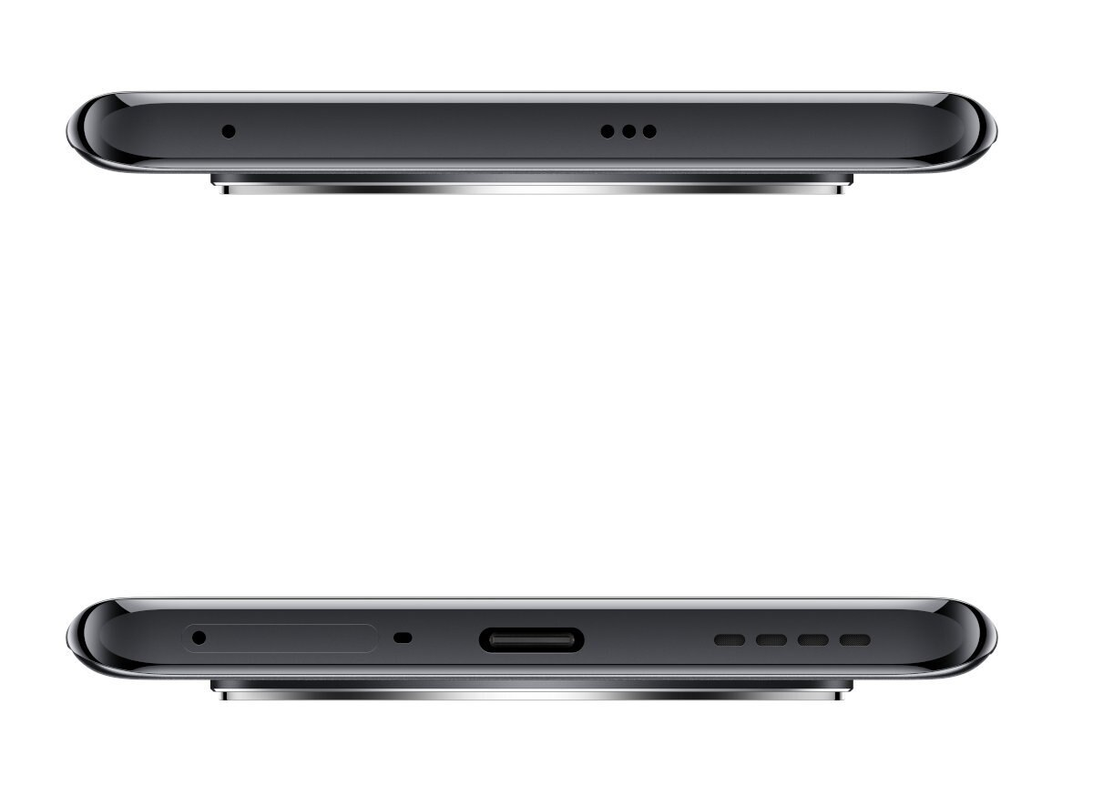 Zbliżenie górnej i dolnej krawędzi czarnego smartfona z głośnikami i portem ładowania.