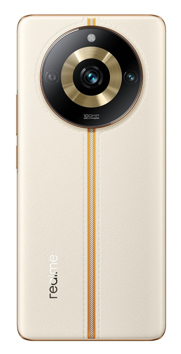 Kremowy tył telefonu z dużym zestawem kamer i pionowym pomarańczowo-srebrnym paskiem.