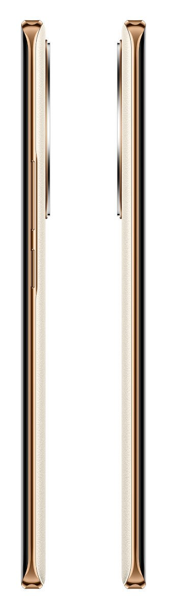 Dwa telefony, widok z boku. Kolor kremowy. Złote ramki. Białe tło.