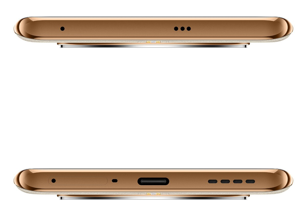 Złoty smartfon, widoki z góry i z dołu, z obiektywem aparatu i portami. Białe tło.