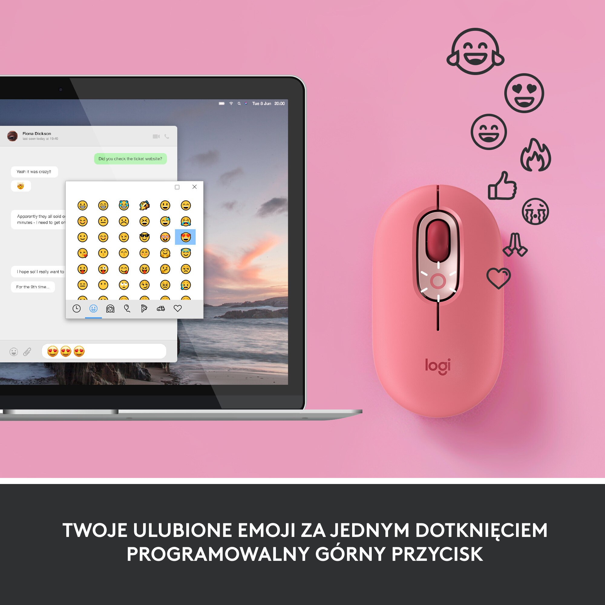 Różowa mysz Logi na biurku, z laptopem wyświetlającym czat emoji.