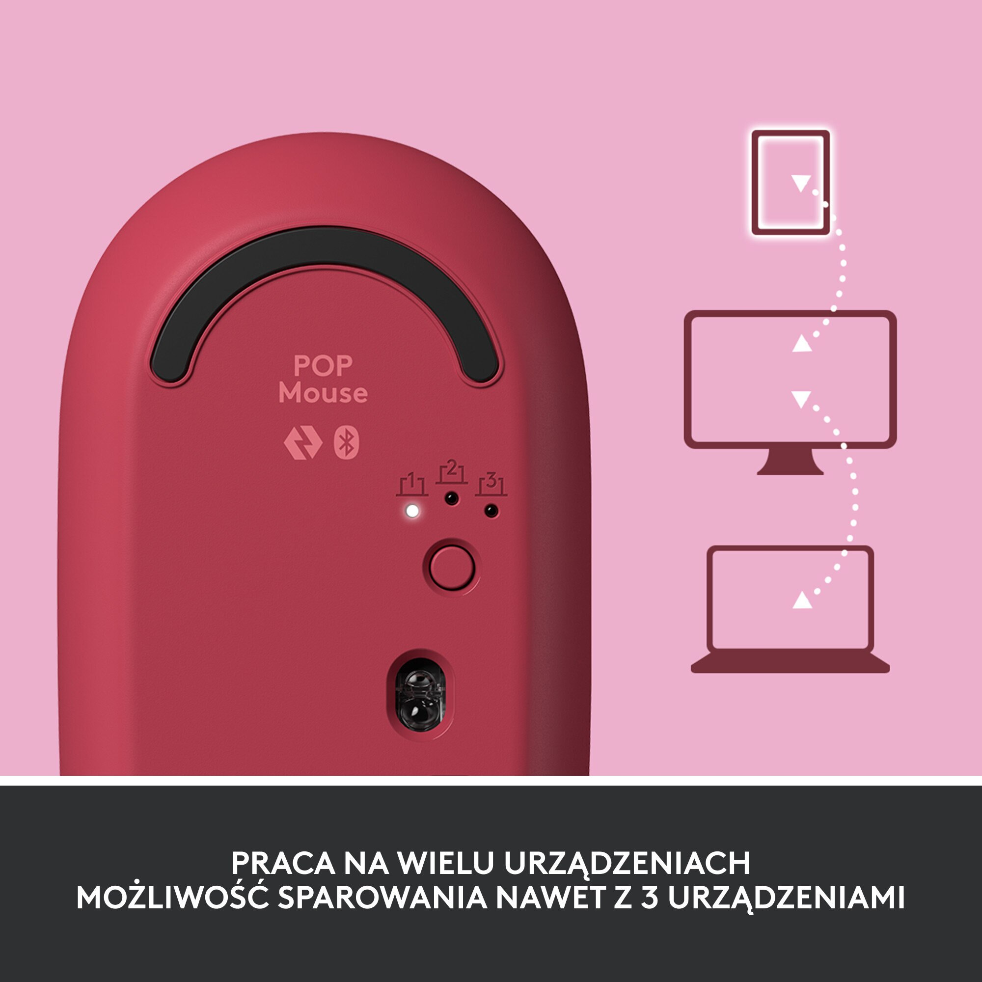 Czerwona mysz bezprzewodowa z czarnymi akcentami. Wyświetla połączenie z tabletem, monitorem i laptopem.