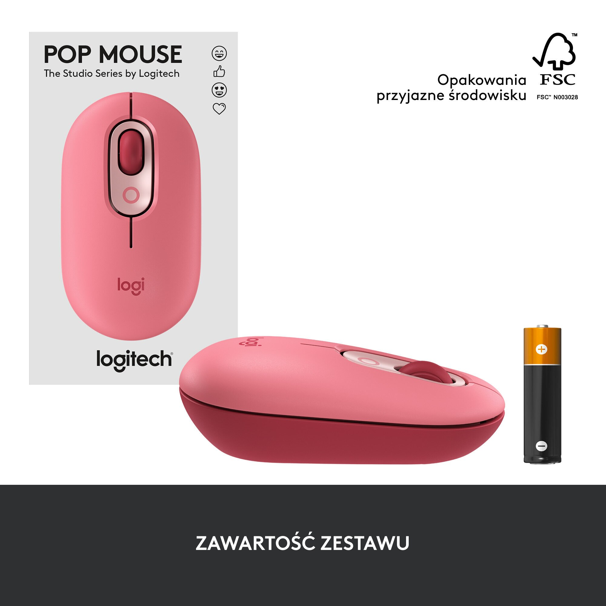 Różowa mysz Logitech POP obok pudełka i bateria AA. Tekst na pudełku brzmi 'POP MOUSE'.
