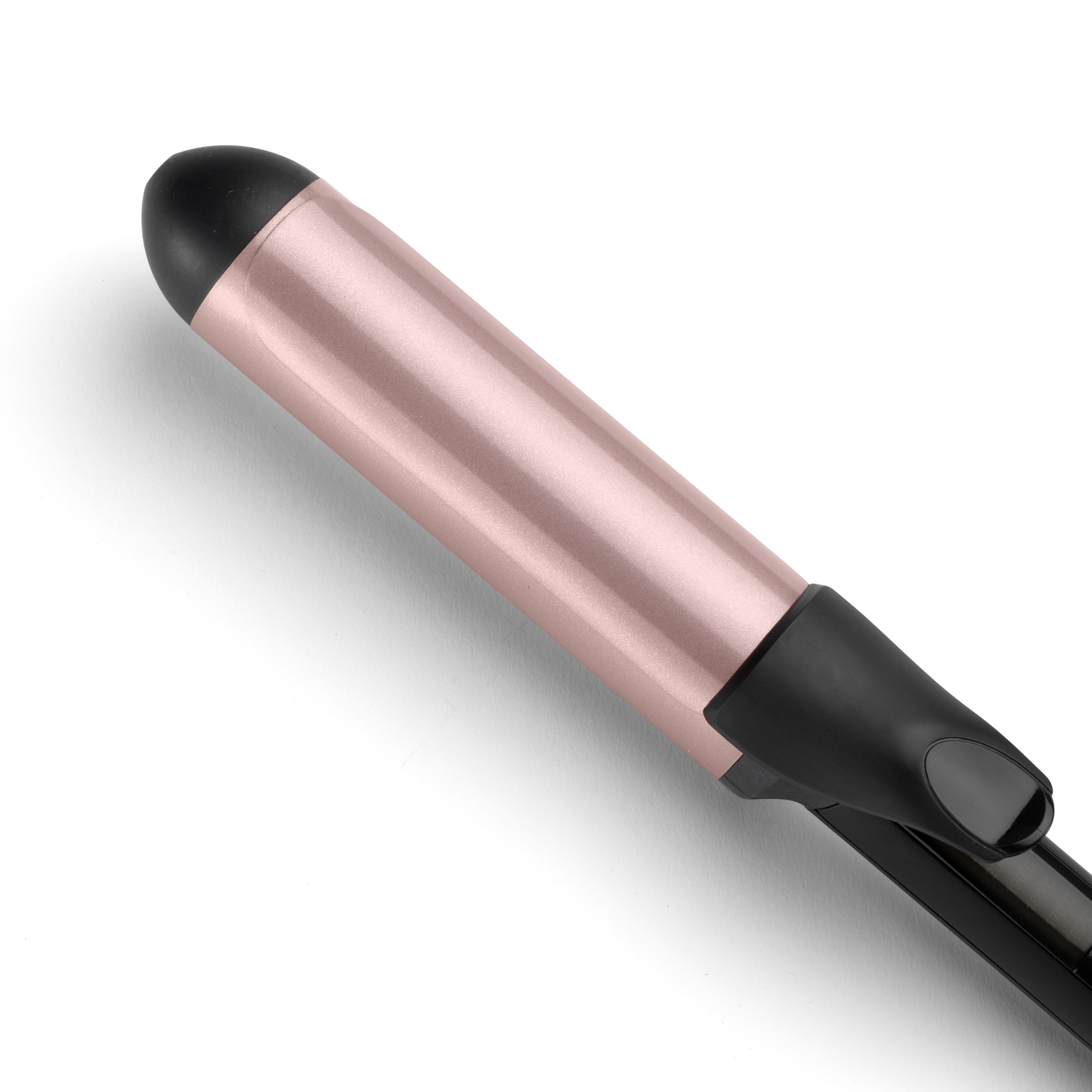 Haar-Lockenstab mit schwarzem Griff, roségoldfarbenem Lauf und schwarzer Spitze.
