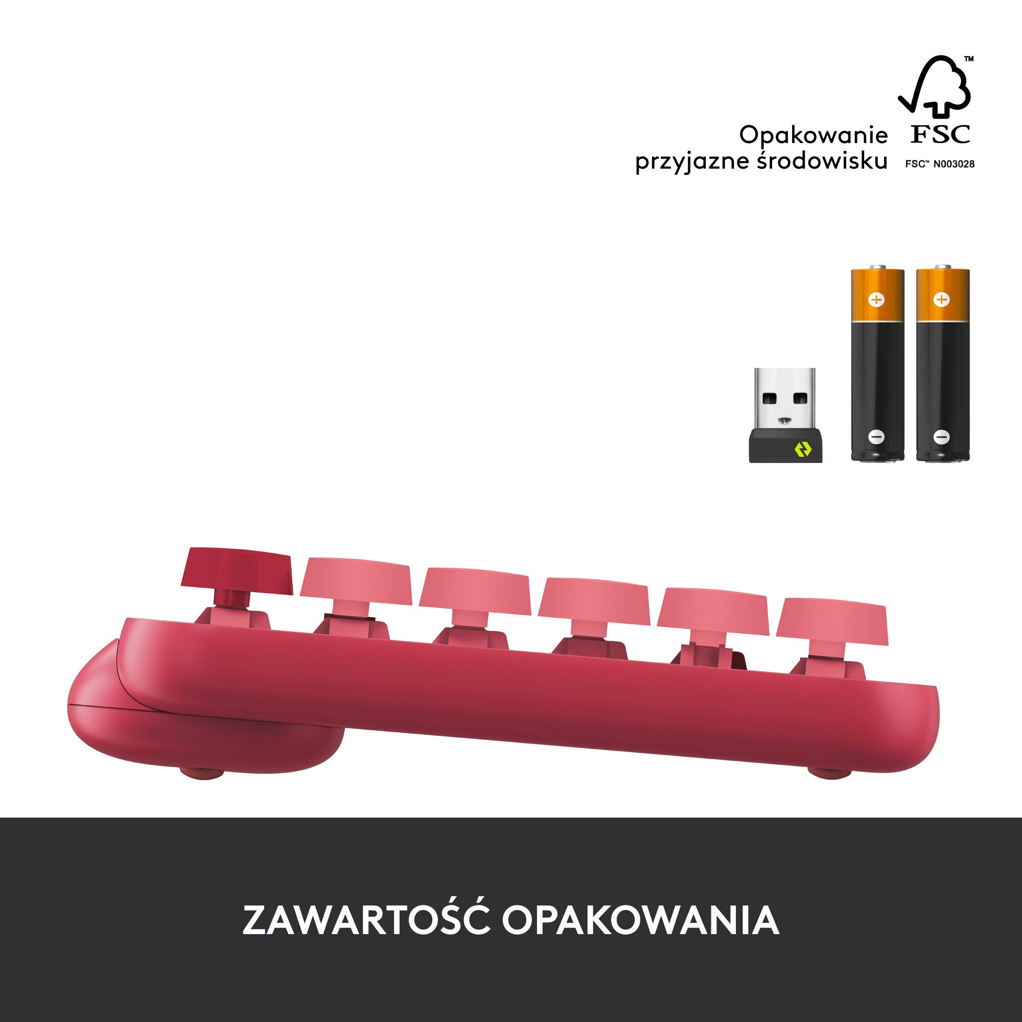 Czerwona klawiatura z różowymi klawiszami, odbiornik USB i baterie. Tekst: ZAWARTOSC OPAKOWANIA.