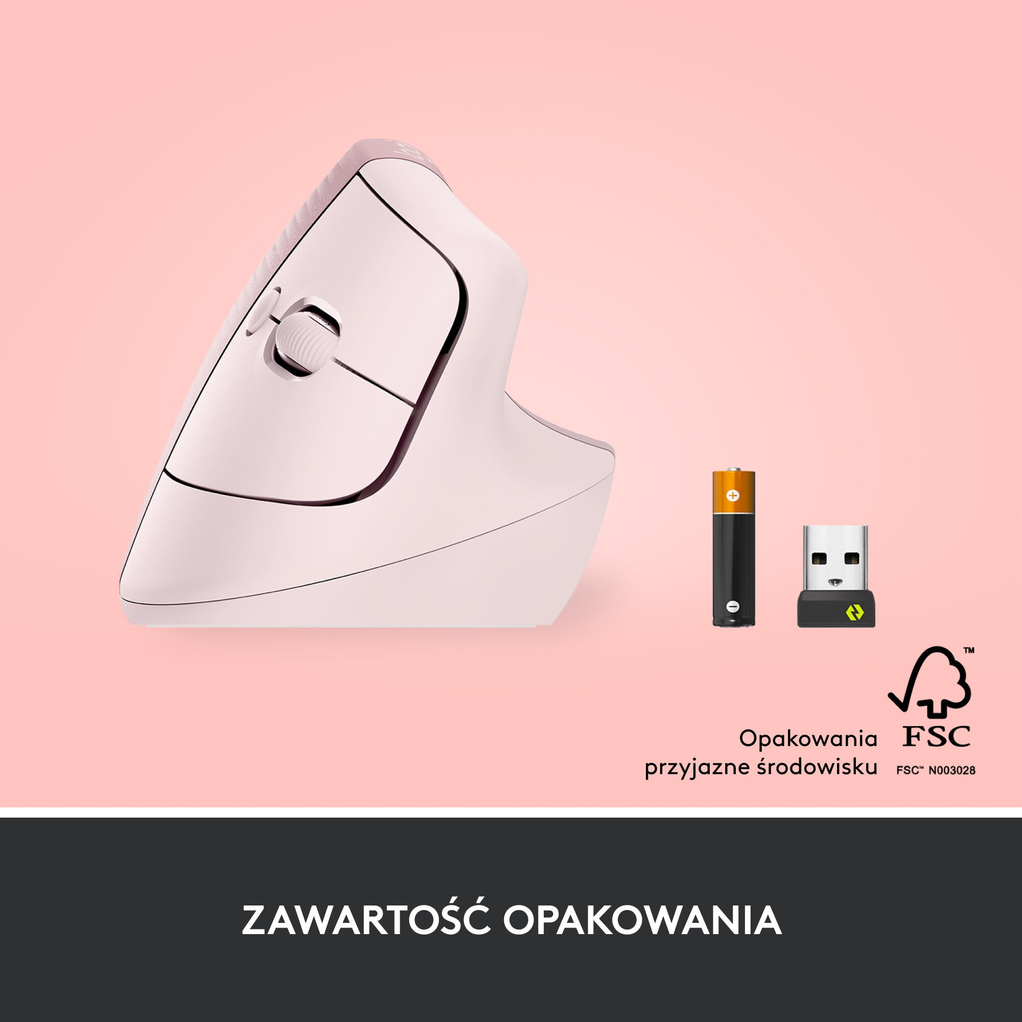 Biała, pionowa mysz ergonomiczna z bateriami i odbiornikiem USB.
