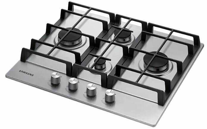 Stalowa płyta gazowa z czterema palnikami i pokrętłami sterowania.