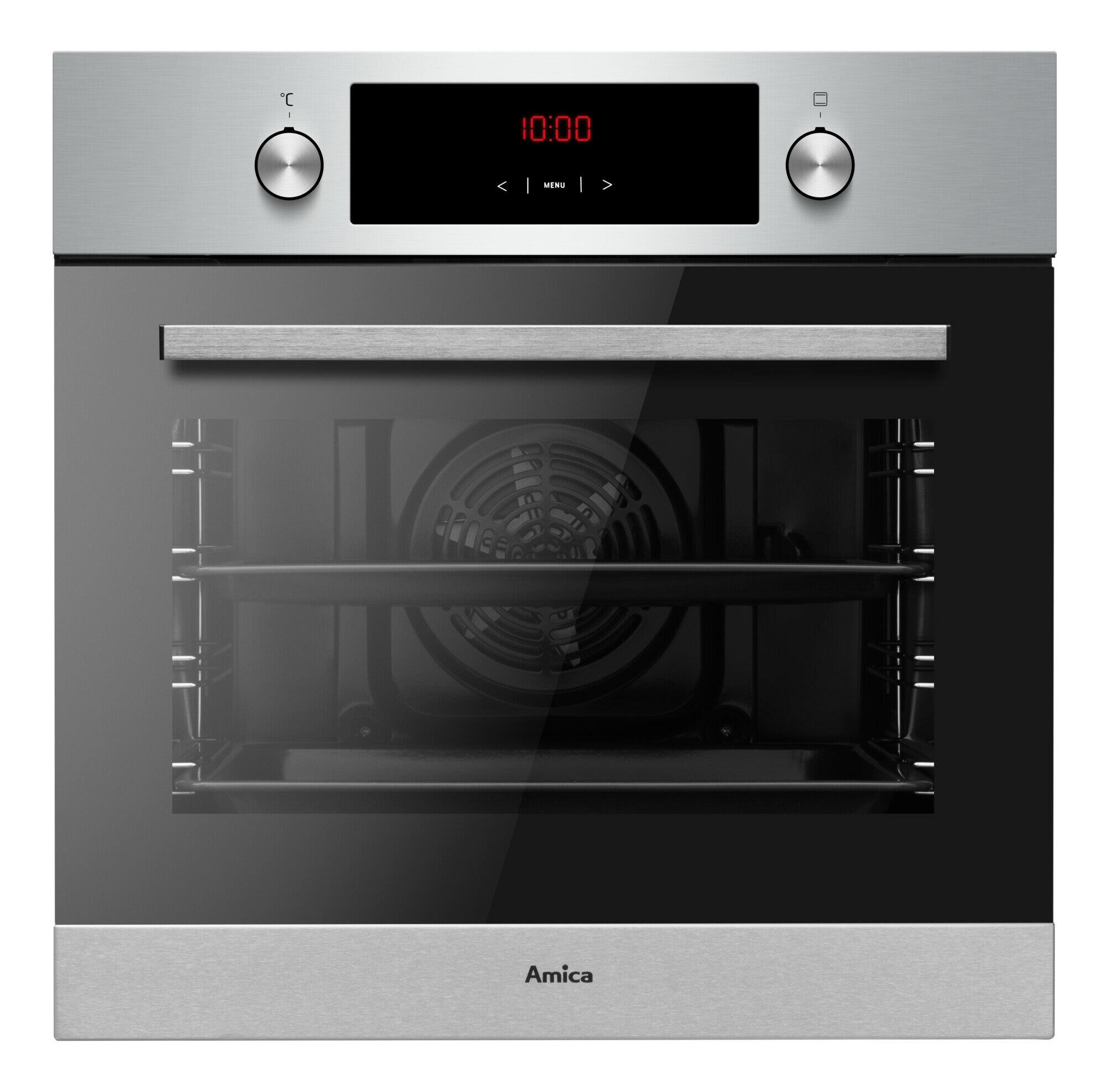 Wbudowany piekarnik ze stali nierdzewnej z czarnymi drzwiami, wyświetlaczem i logo Amica.