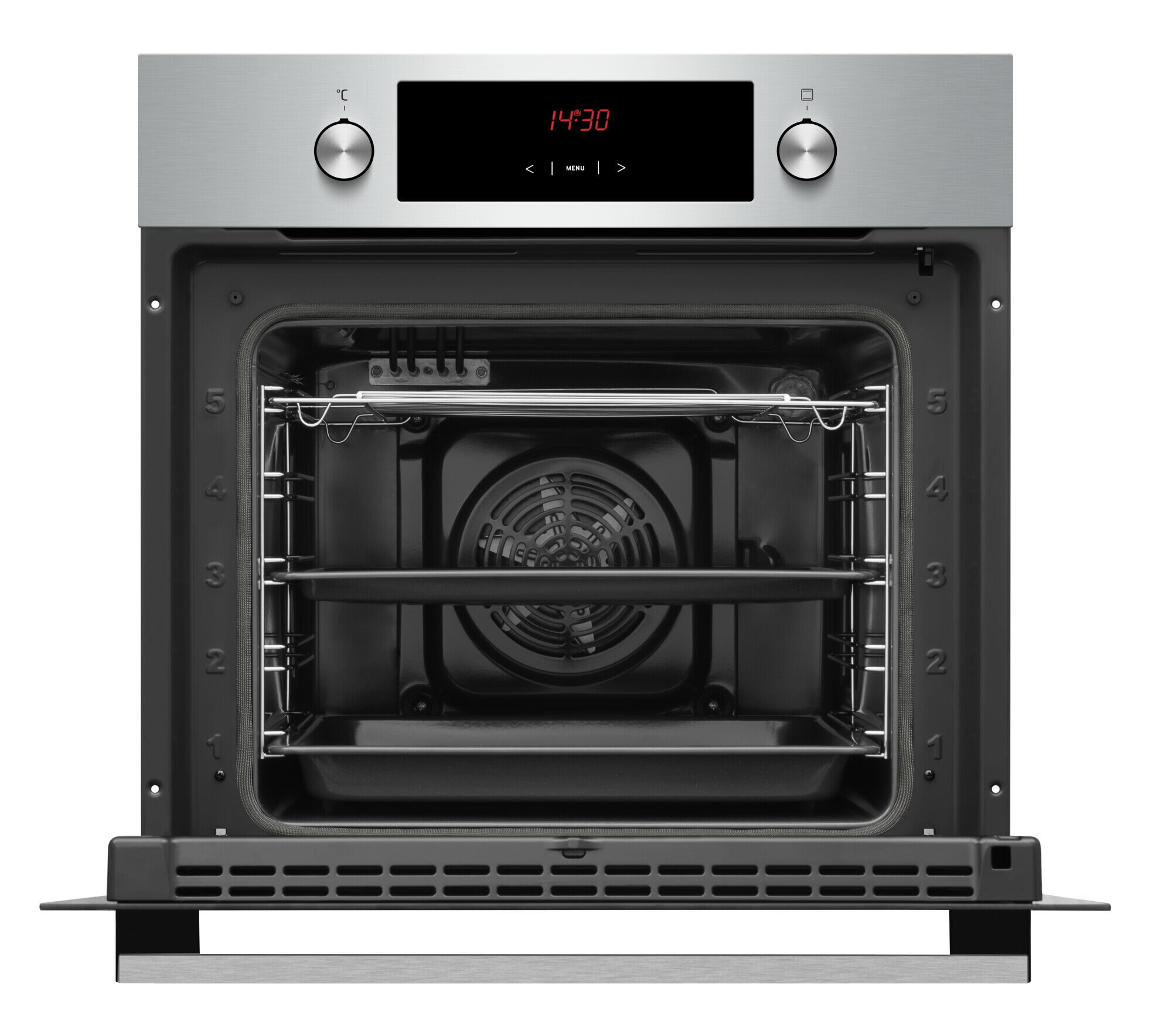 Piekarnik z otwartymi drzwiami. W środku znajdują się ruszty i wentylator. Wyświetlacz pokazuje 14:30.
