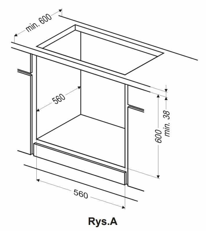 Wycięcie na płytę grzewczą i piekarnik, ze wskazanymi wymiarami.
