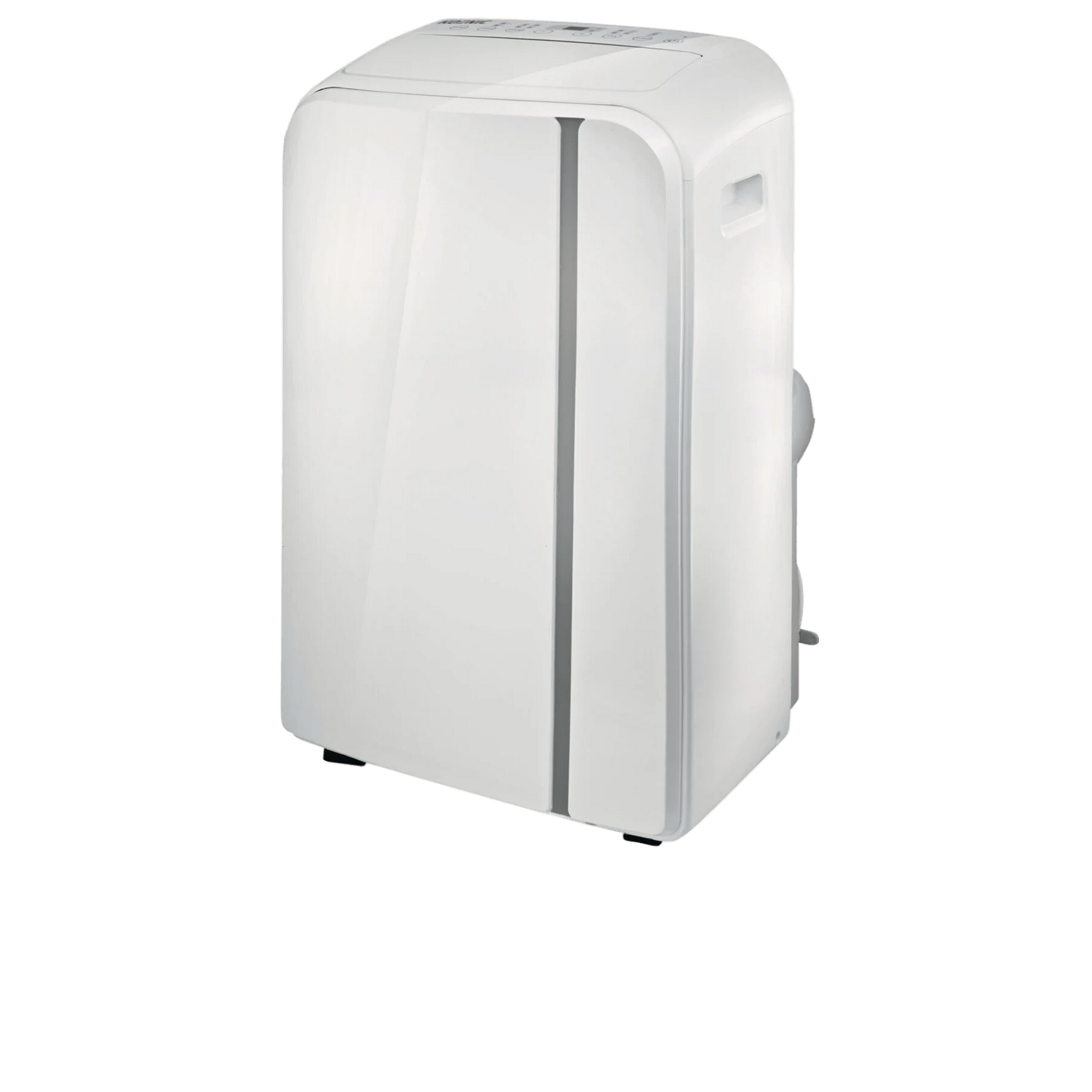 Witte draagbare airconditioner. Het heeft een verticaal ontwerp met een handvat aan de zijkant.
