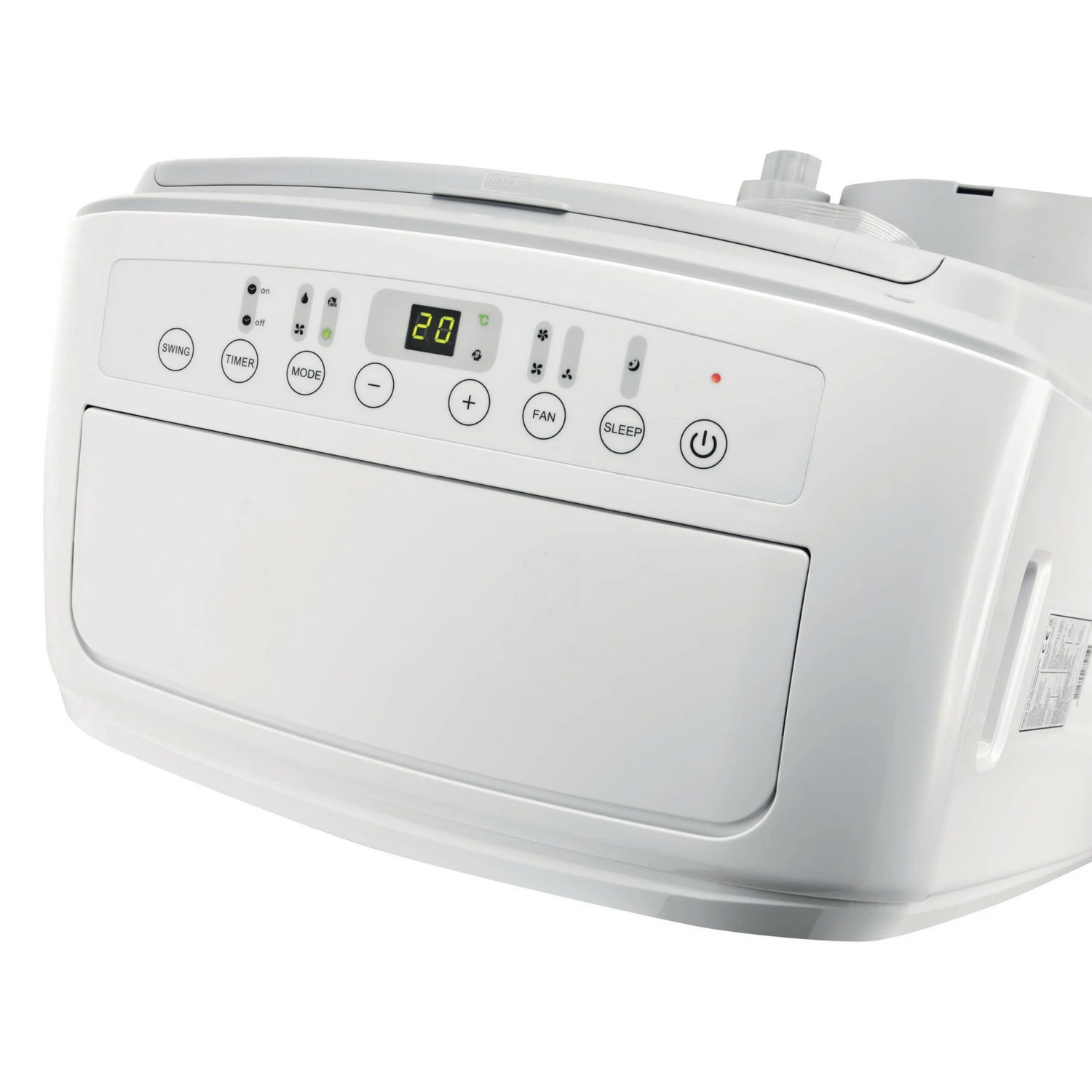 Witte draagbare airconditioner met bedieningspaneel bovenop. Het toont knoppen en een digitale display.