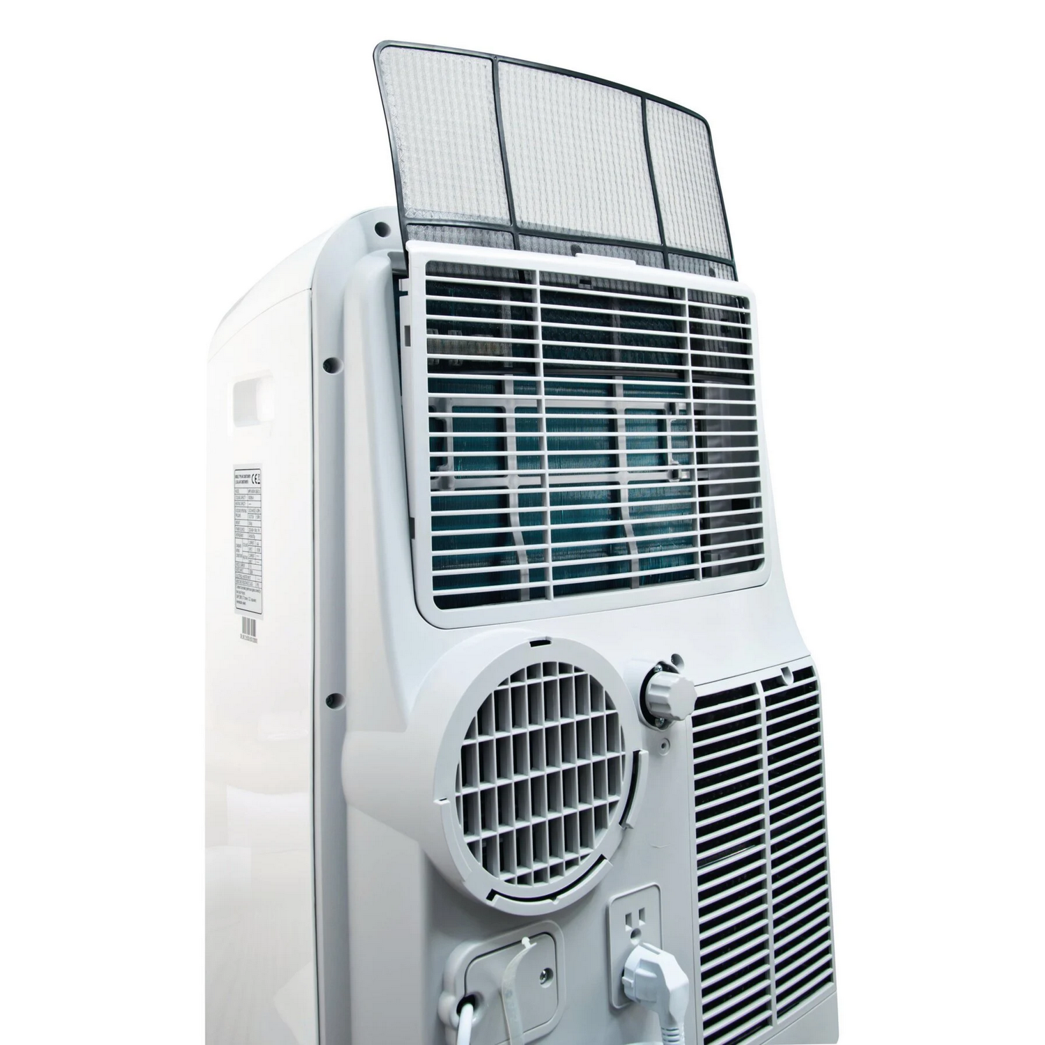 Witte draagbare airconditioner, achterkant met ventilatie, filter en netsnoer.