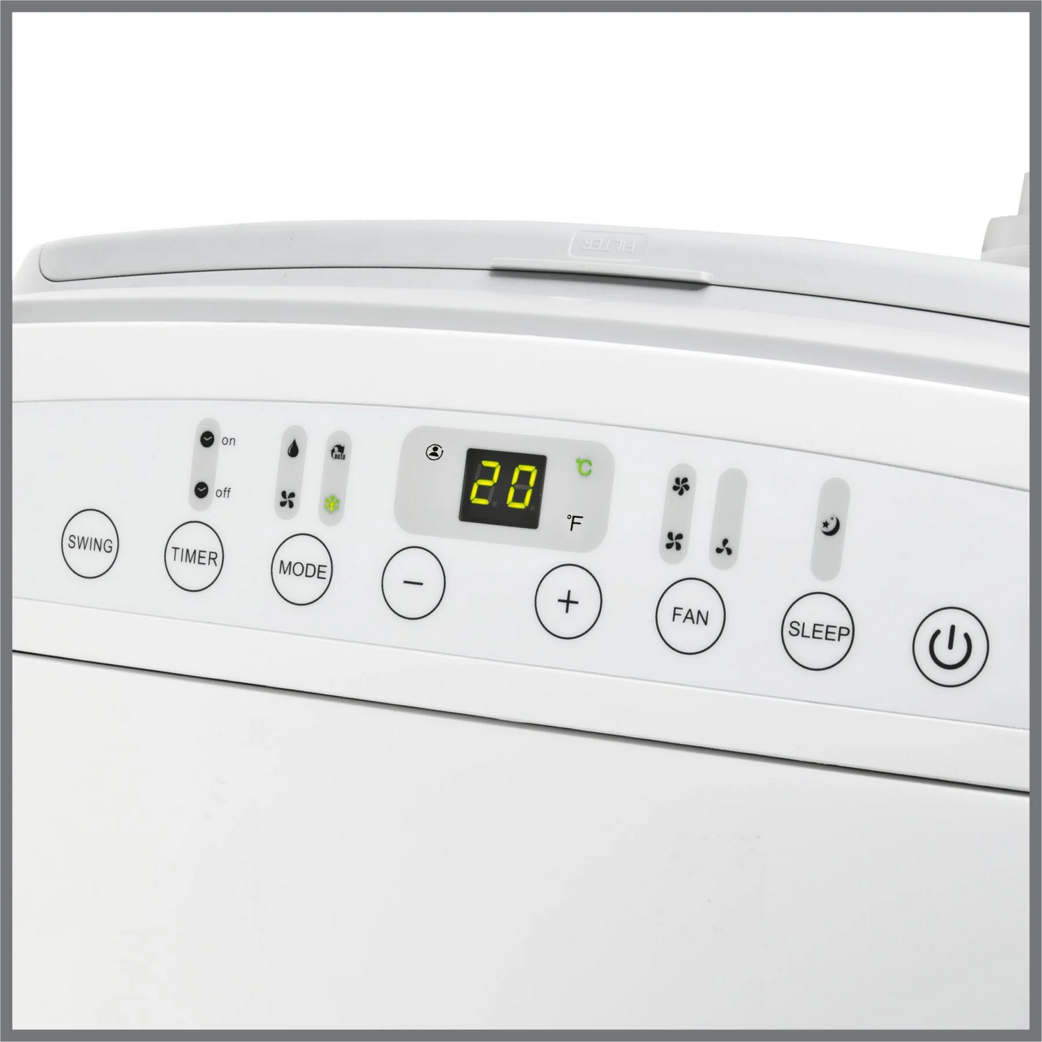 Bedieningspaneel van een witte airconditioner. Het toont instellingen en heeft knoppen voor bediening.