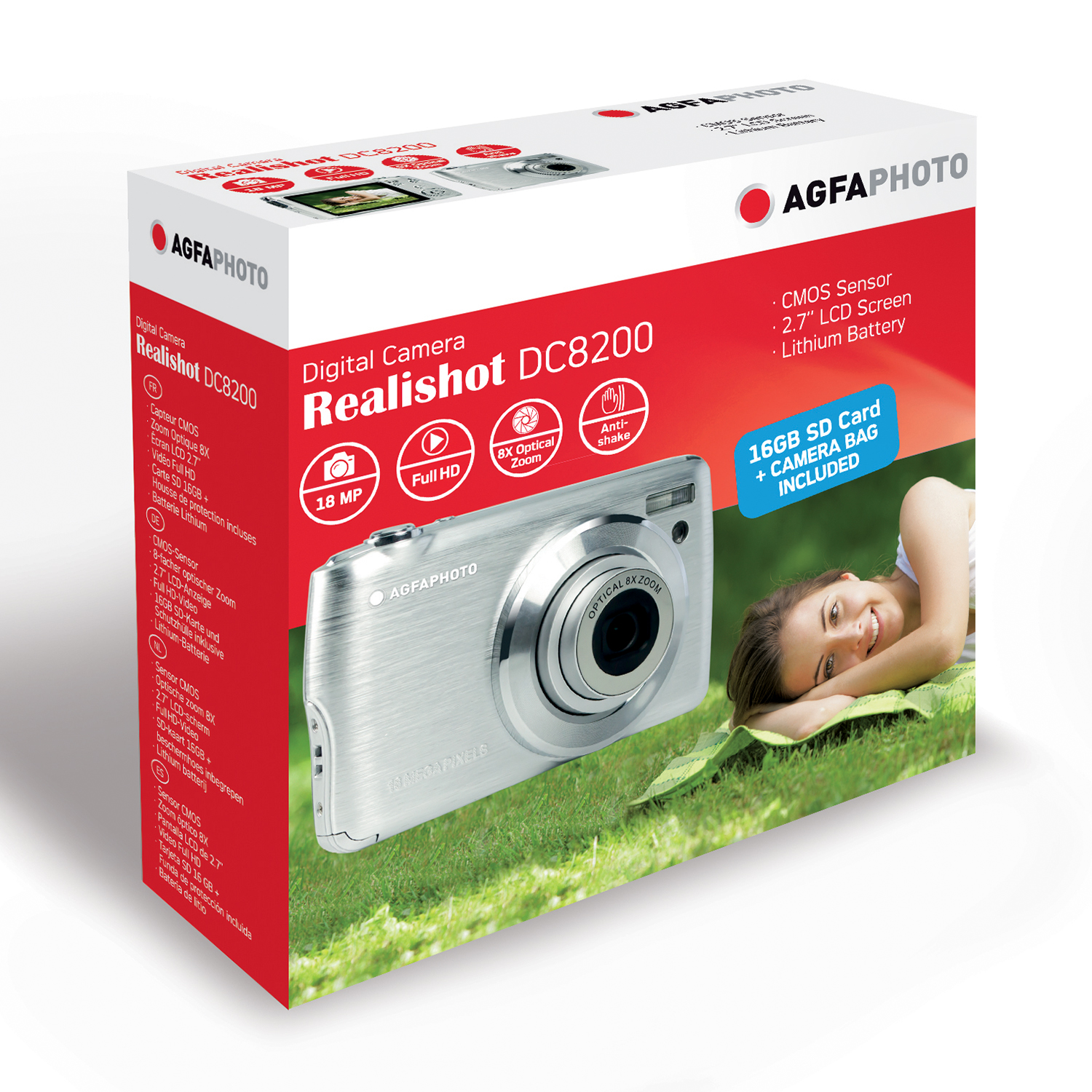 Scatola della fotocamera AGFAPHOTO Realishot DC8200. Mostra una fotocamera, una donna e testo sulle funzionalità.