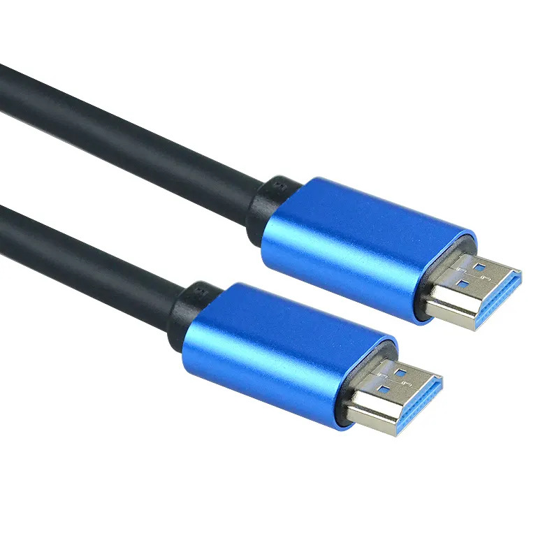 İki mavi USB-C - HDMI kablosu, siyah kablolar ve her iki uçta konektörlerle.