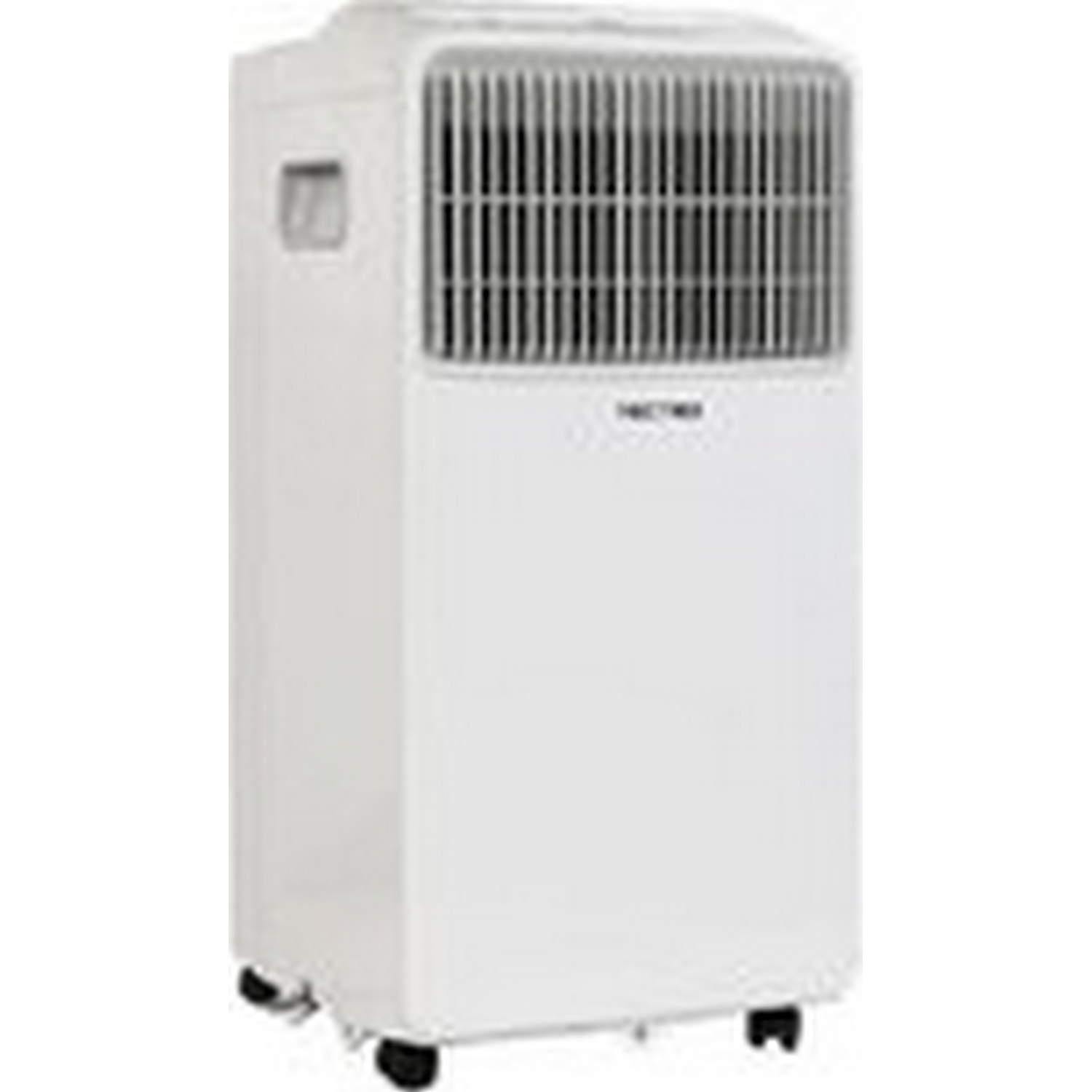 White portable air conditioner with vertical vents and wheels, isolated.