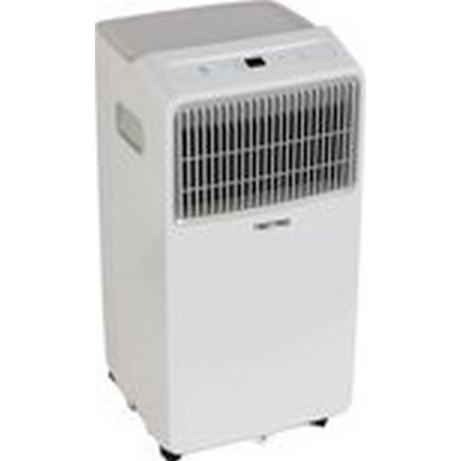 White portable air conditioner with a front grill and top controls.