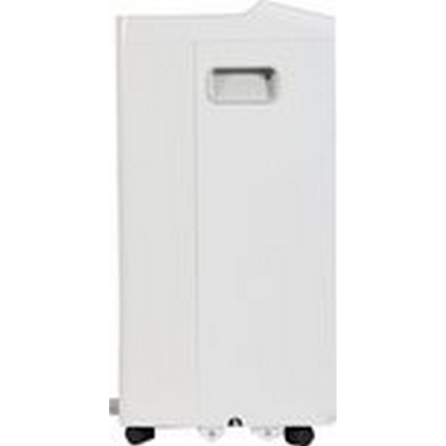 A white air purifier on wheels. It has a handle on the top and vents on the side.