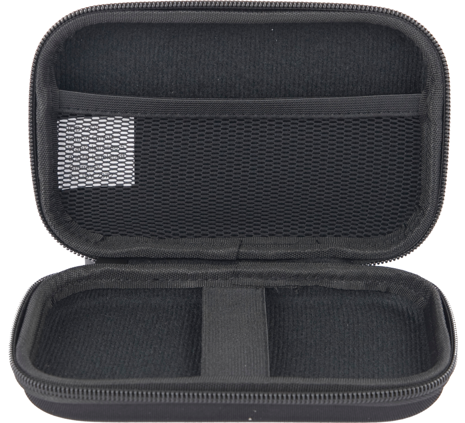 An open black case. It has a mesh pocket and a strap inside for storage.