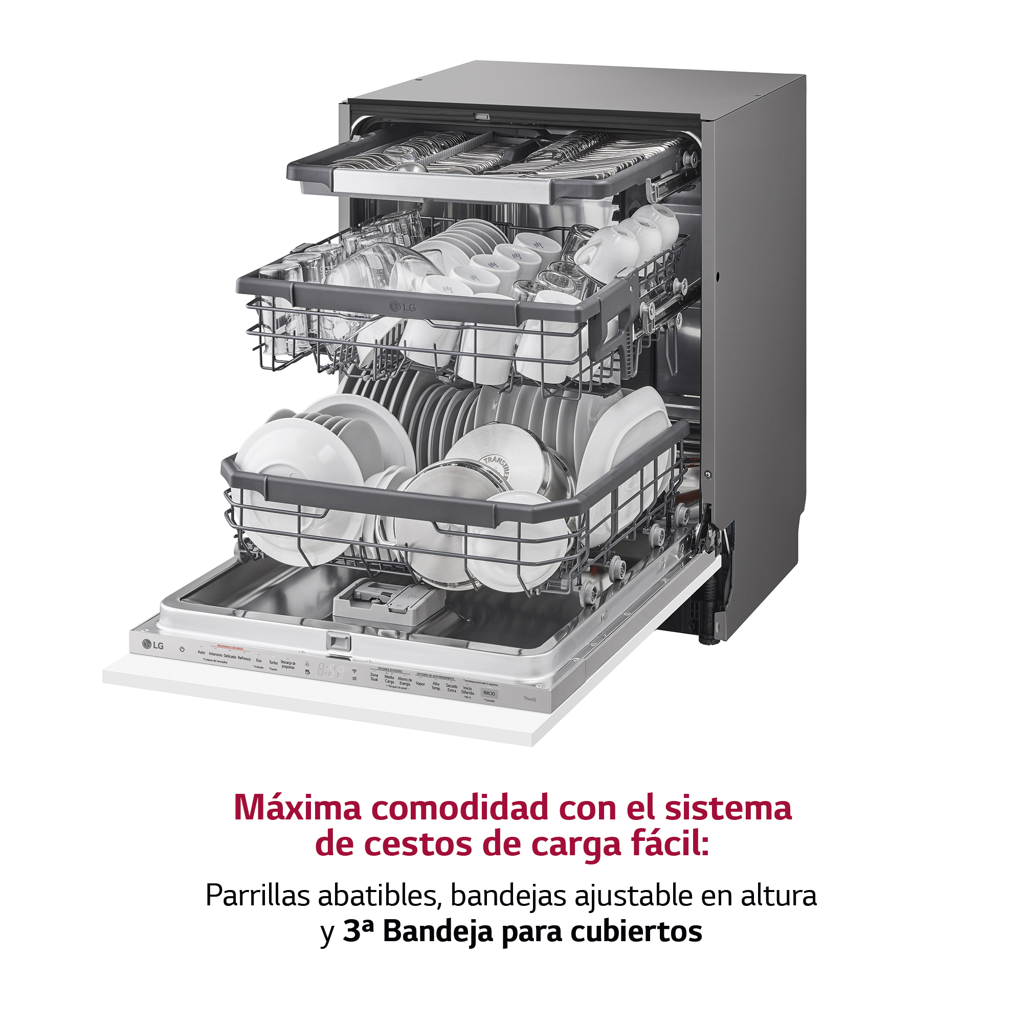Un lavavajillas con las puertas abiertas. En el interior hay rejillas con platos, cuencos y utensilios.