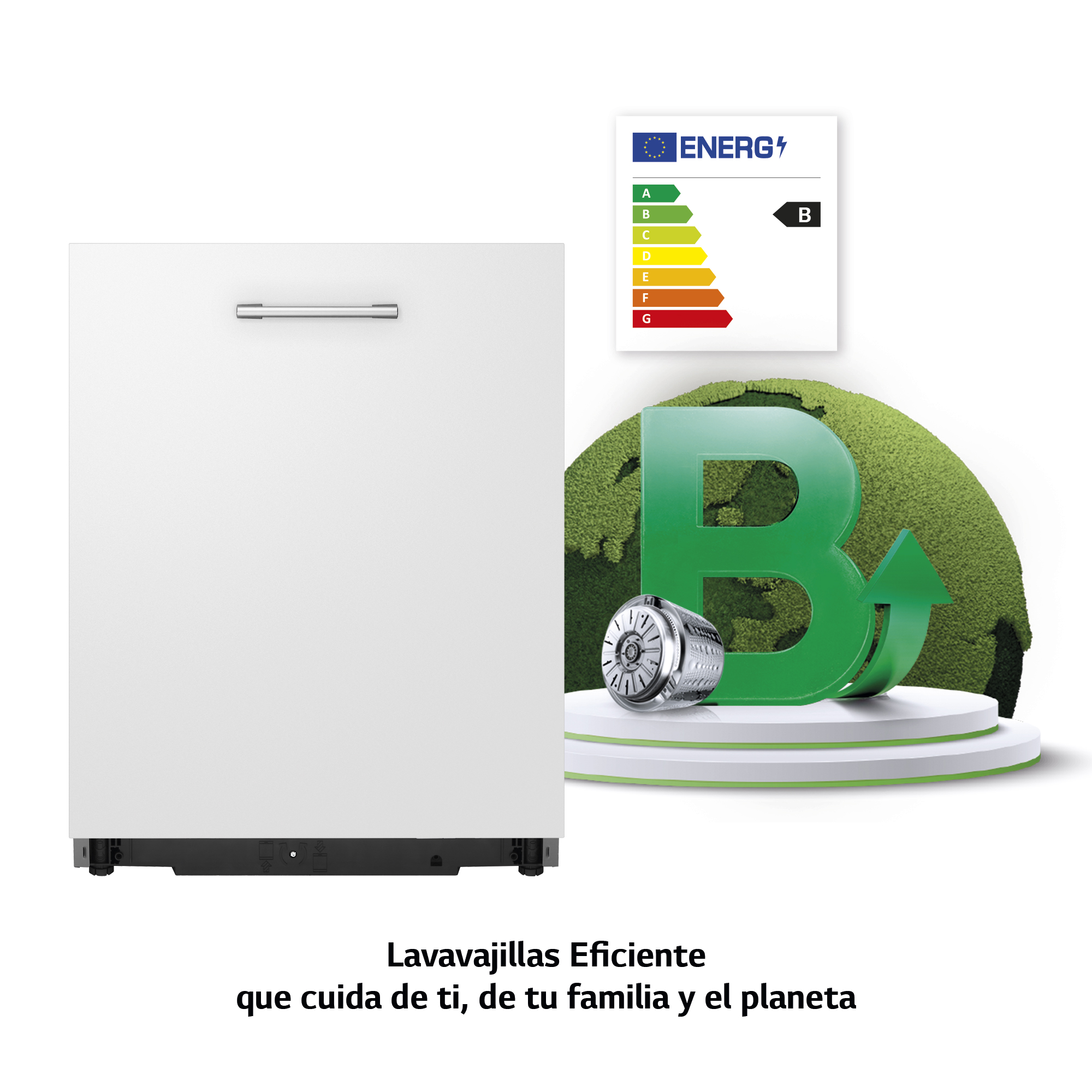 Un lavavajillas blanco con una etiqueta energética 'B' verde y un gráfico del planeta.