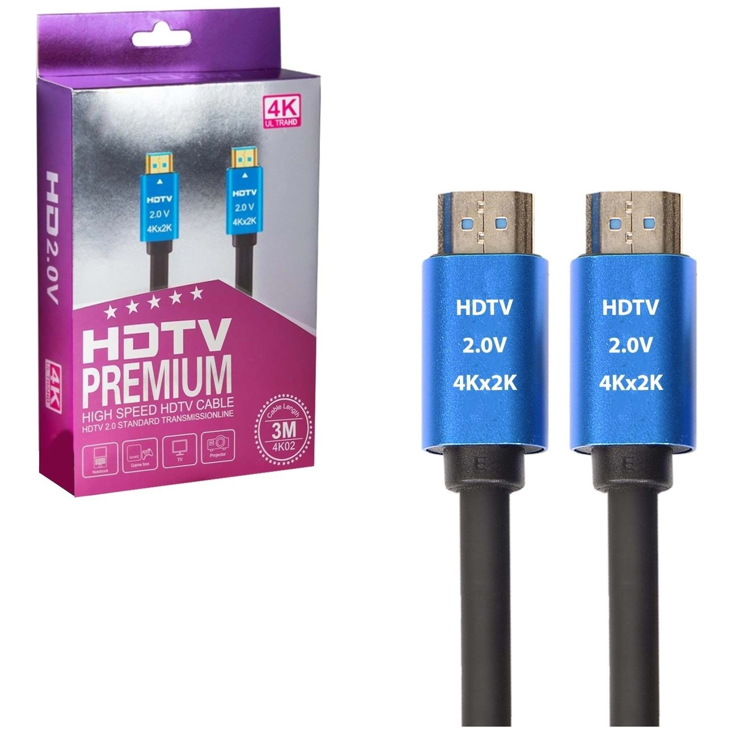 İki HDMI kablosu, mavi konektörler, siyah kablolar içeren HDTV premium kablo paketi.