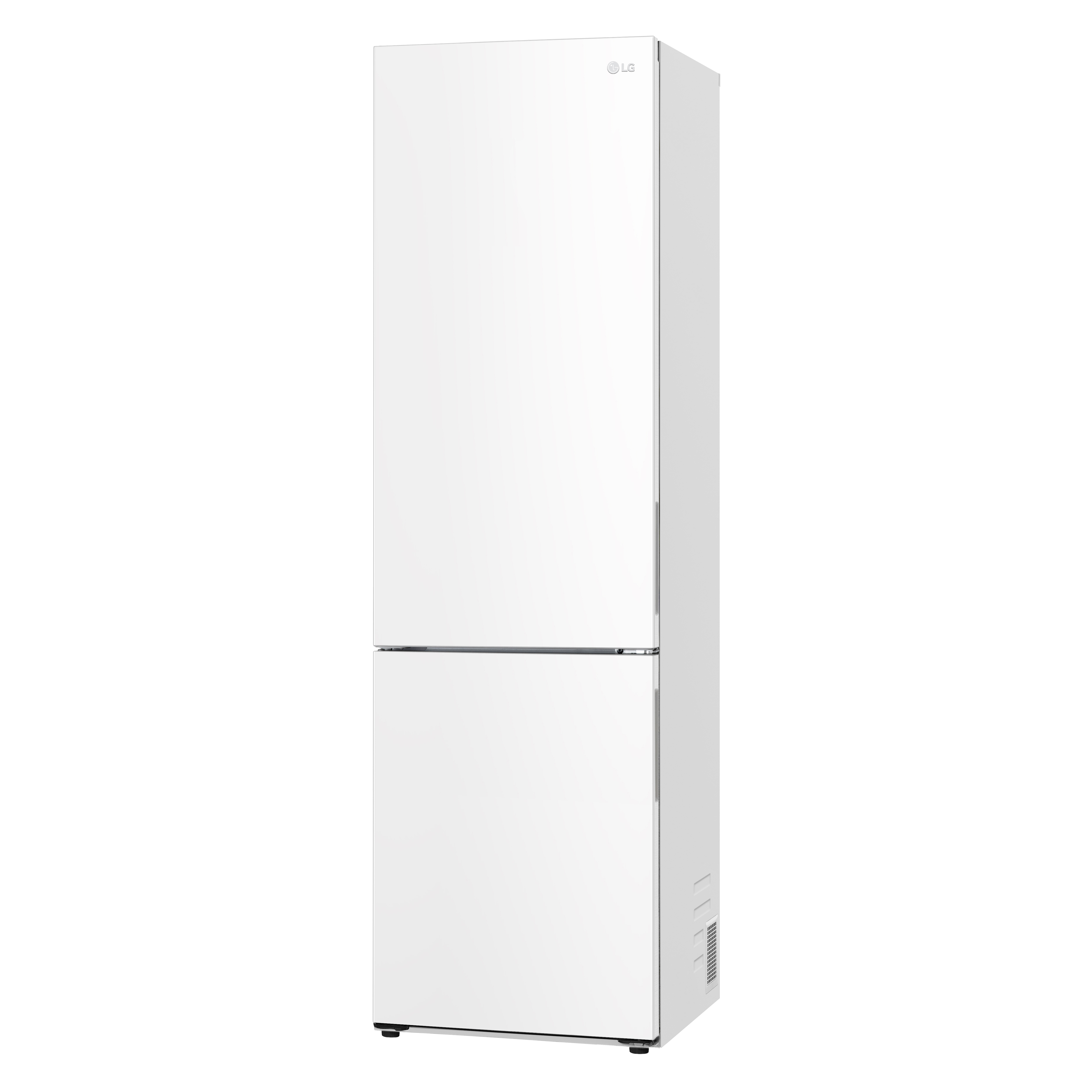 Weißer Kühlschrank mit zwei Türen. LG-Logo oben.