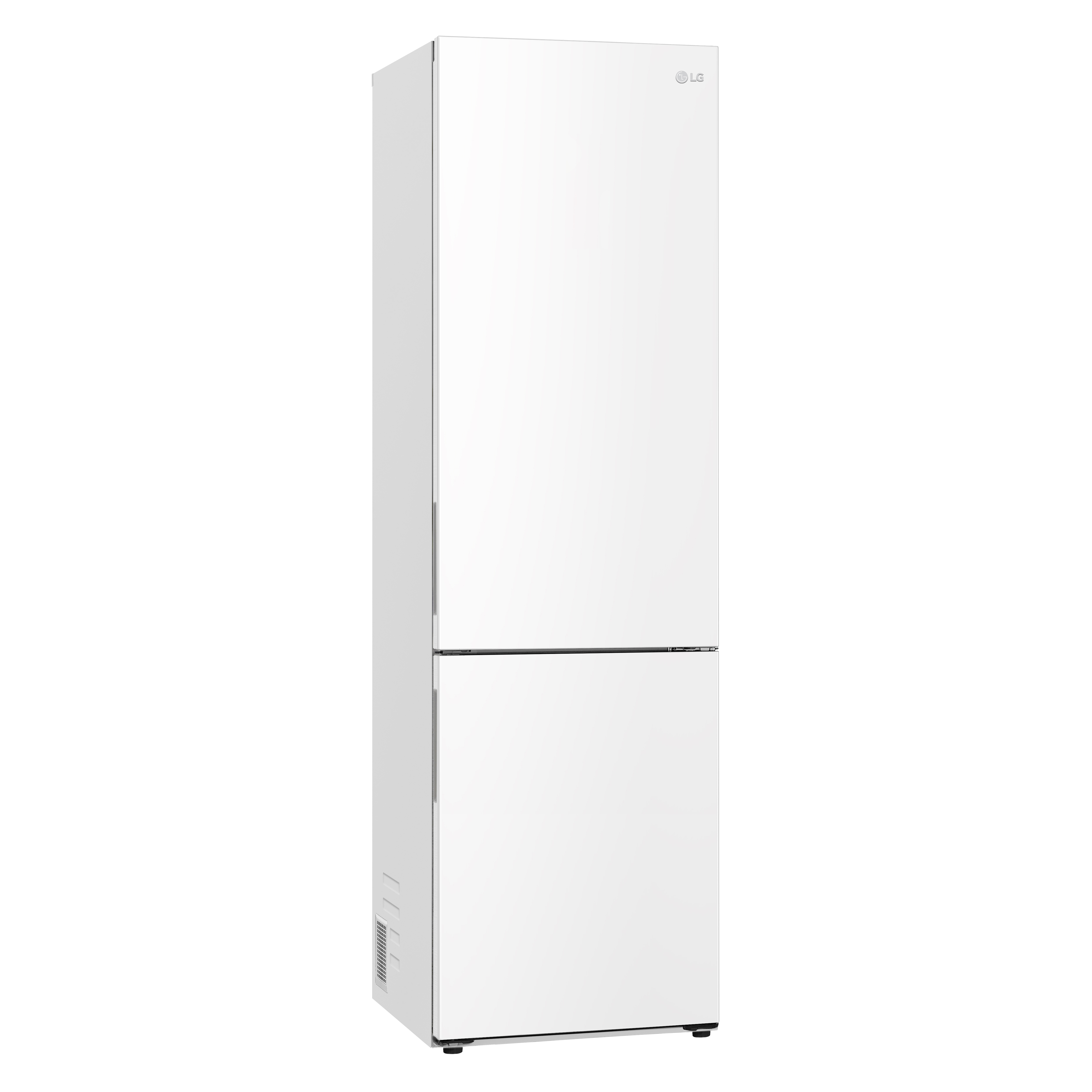 Weißer LG-Kühlschrank auf weißem Hintergrund, mit Gefrierfach unten.