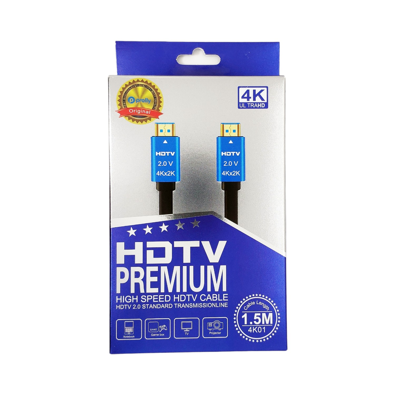 HDTV Premium kablo kutusu. Önde mavi kablolar ve kutunun üzerinde metin.