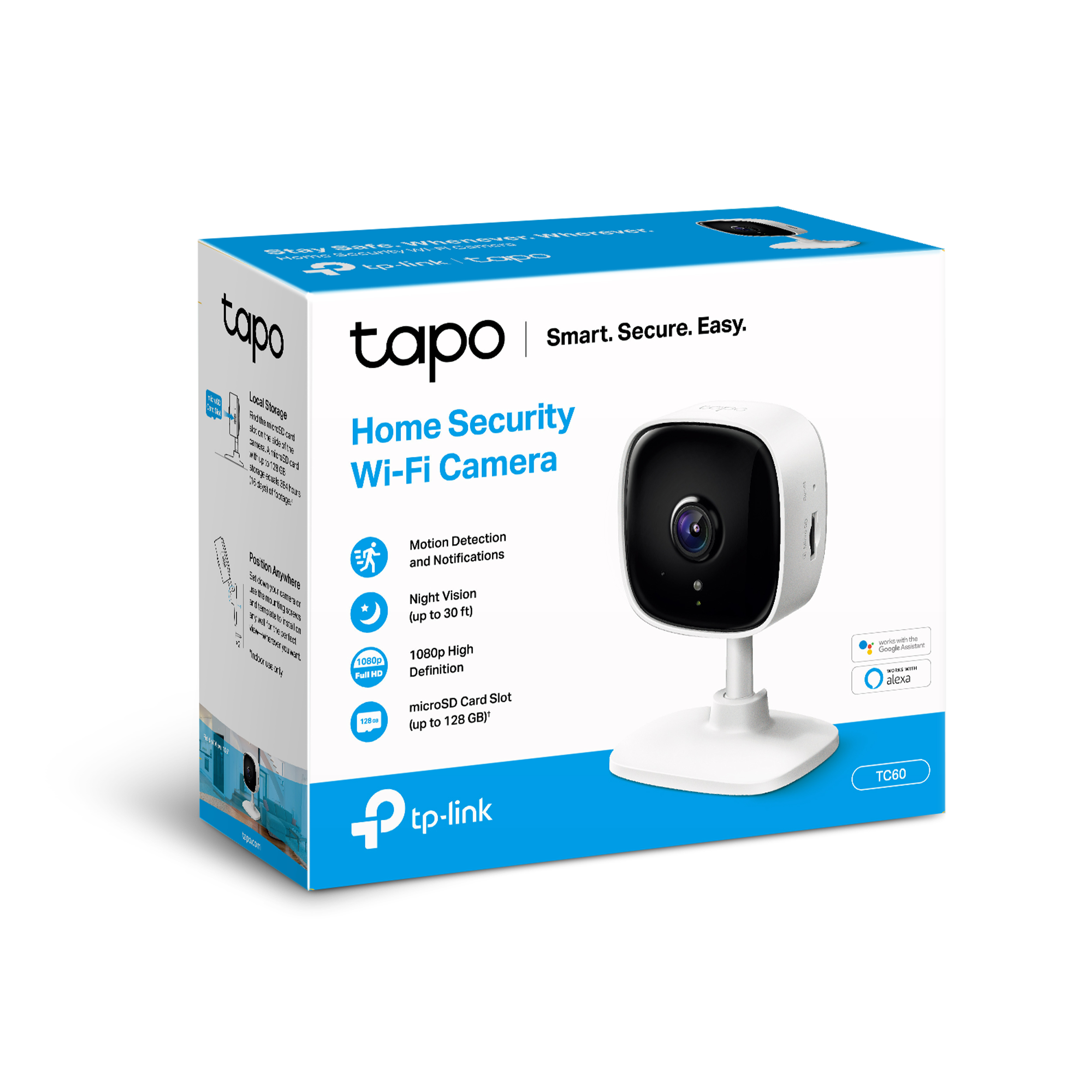 Caja de una cámara de seguridad doméstica Wi-Fi. Texto, logotipos e imagen de la cámara visibles.
