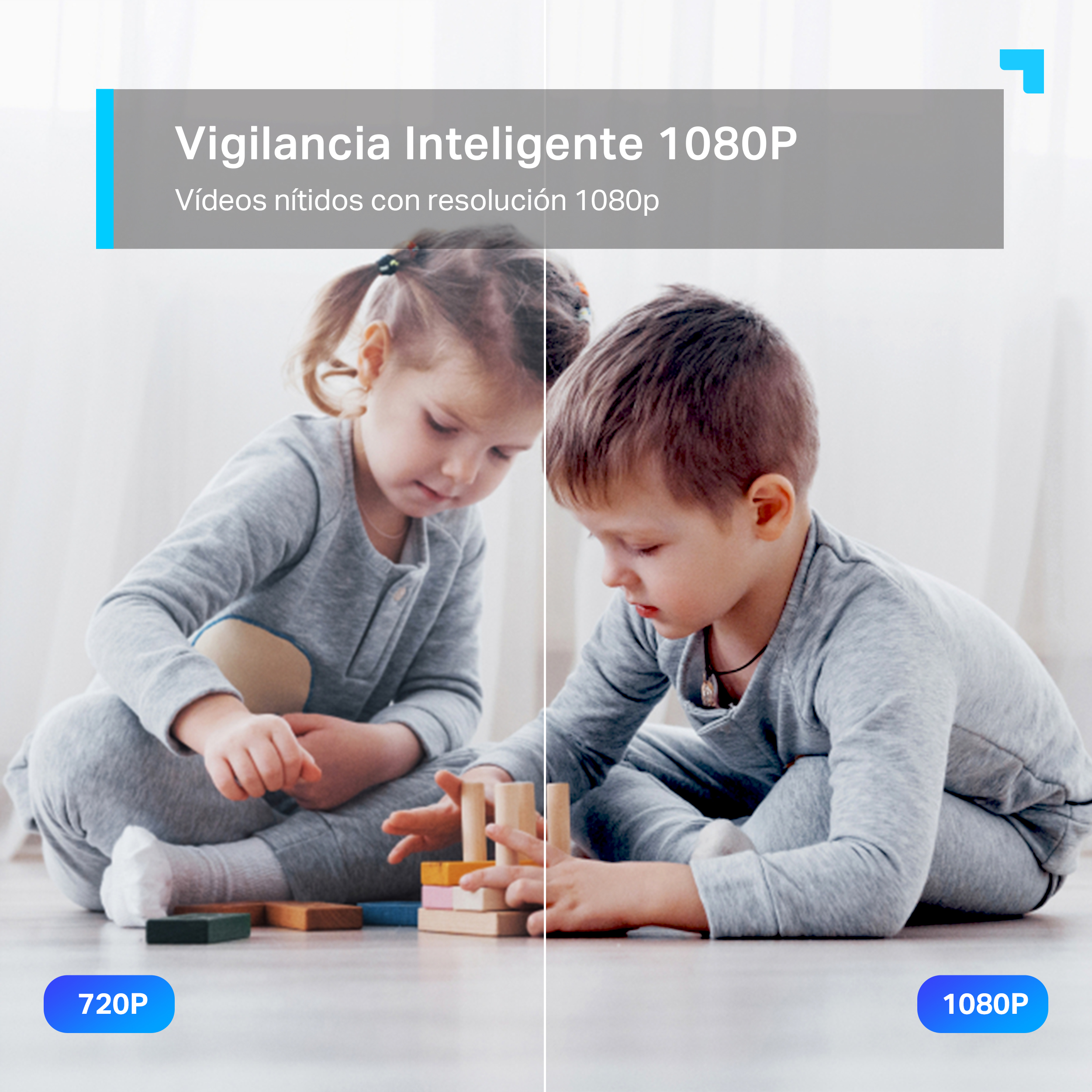 Dos niños jugando con bloques, una superposición de texto promoviendo la resolución 1080P.