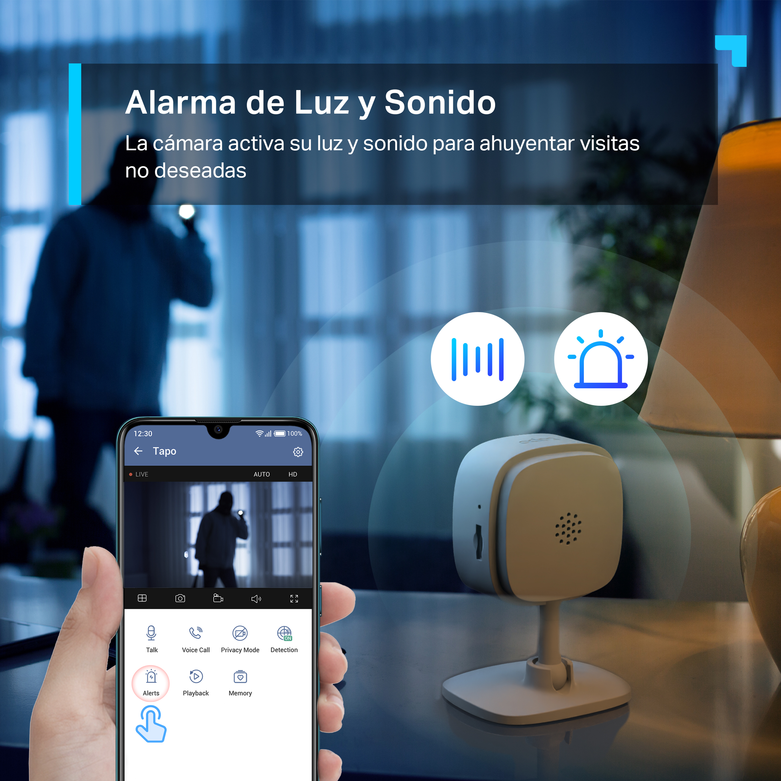 Un smartphone muestra una transmisión de cámara de seguridad, con un ladrón y luz al fondo.