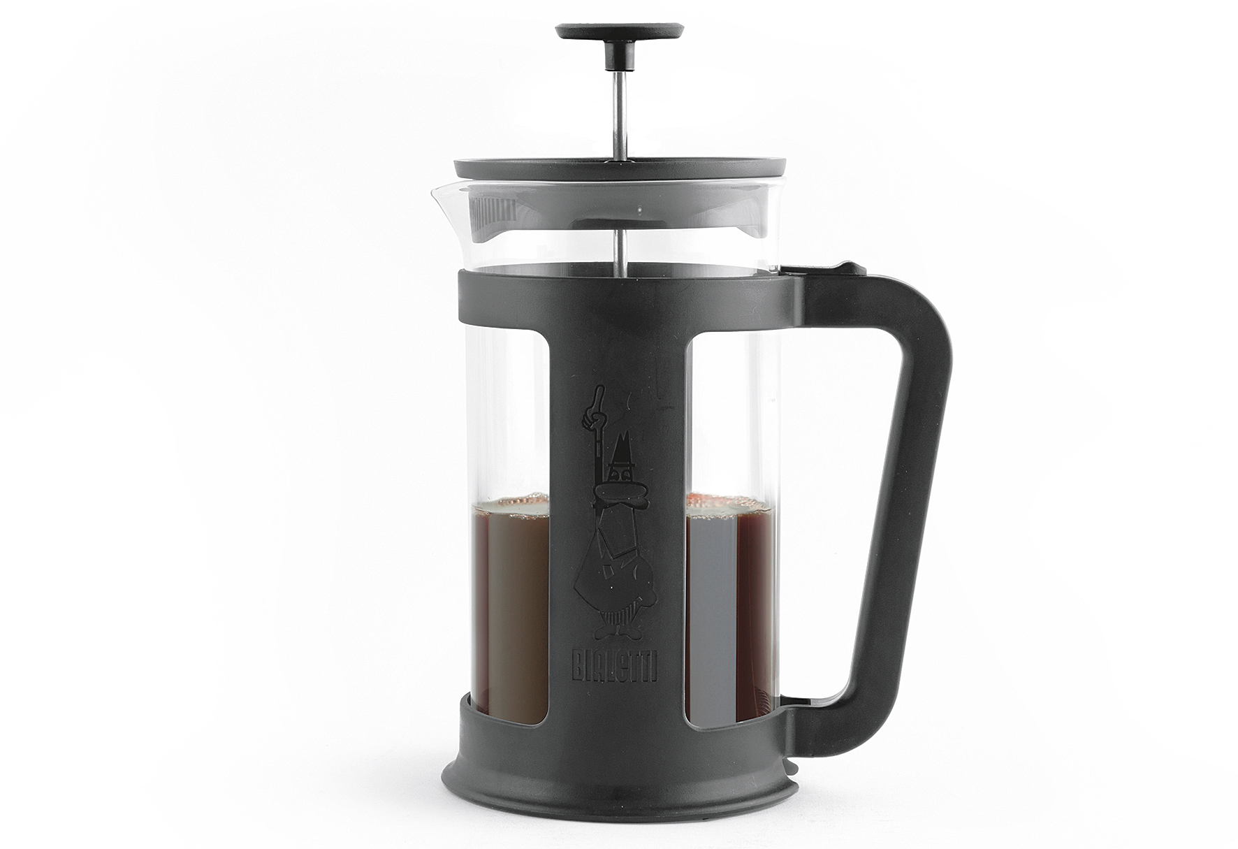 French press kávéval, fekete keret, fehér háttér.