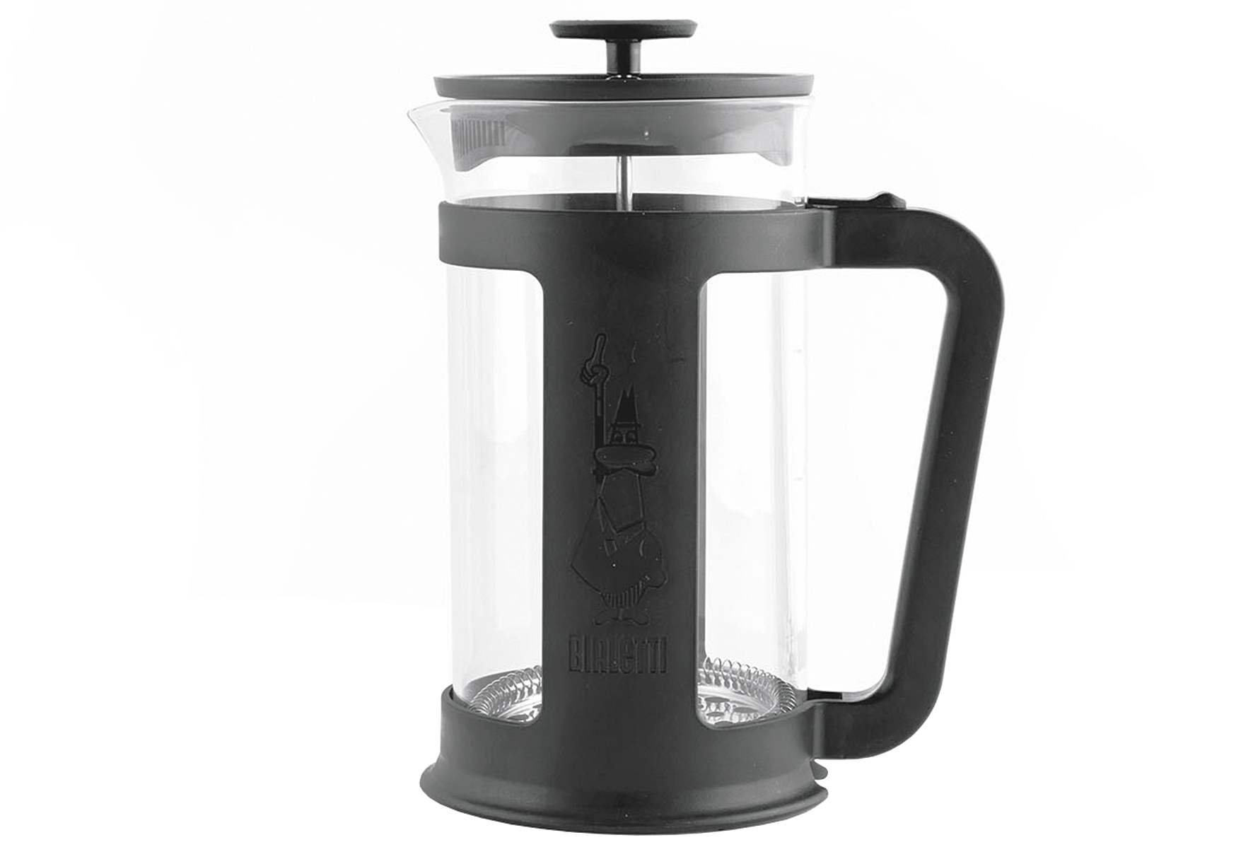 French press kávéfőző, átlátszó üvegtest, fekete fogantyú és fedél, fehér háttér.