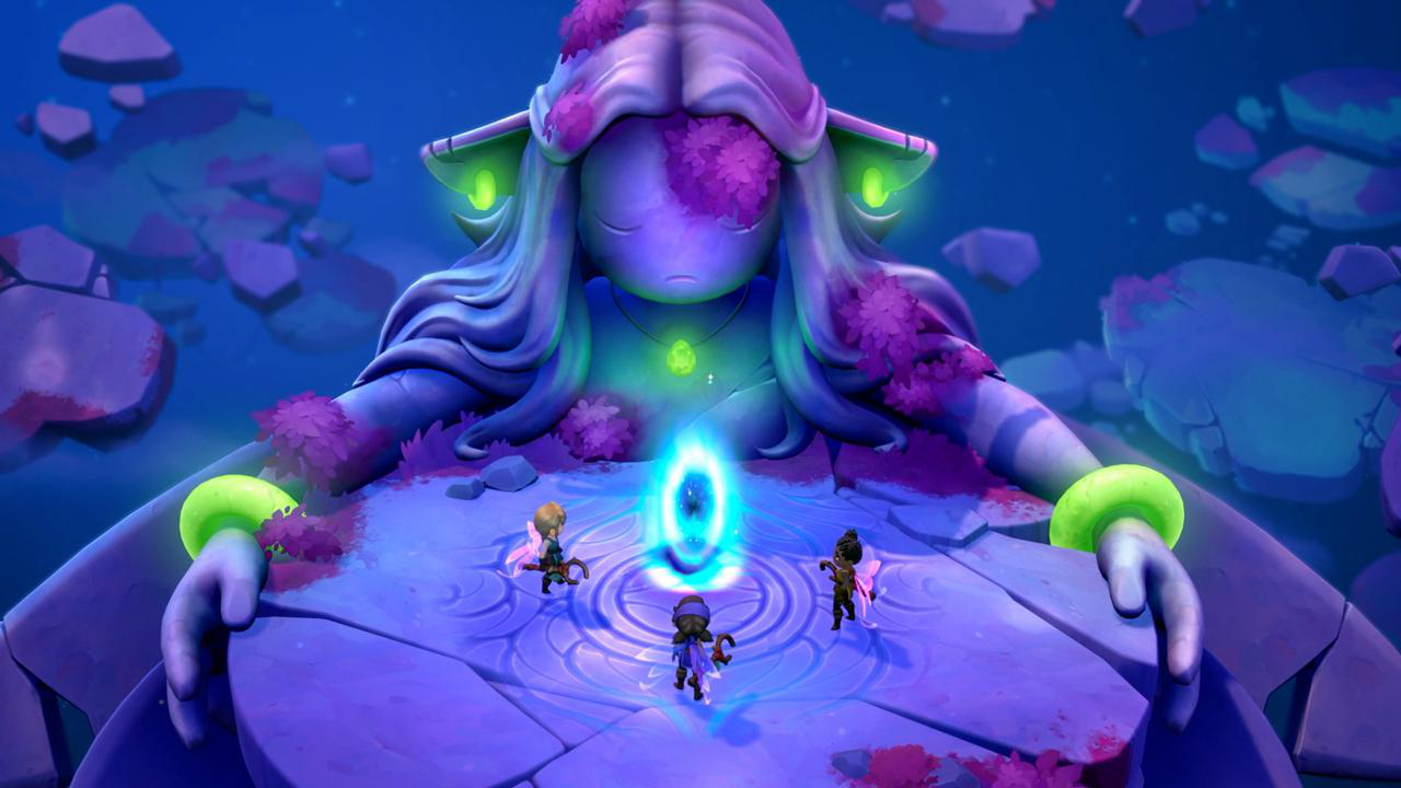 Eine farbenfrohe Fantasy-Szene mit einer großen Statue und drei Cartoon-Charakteren.