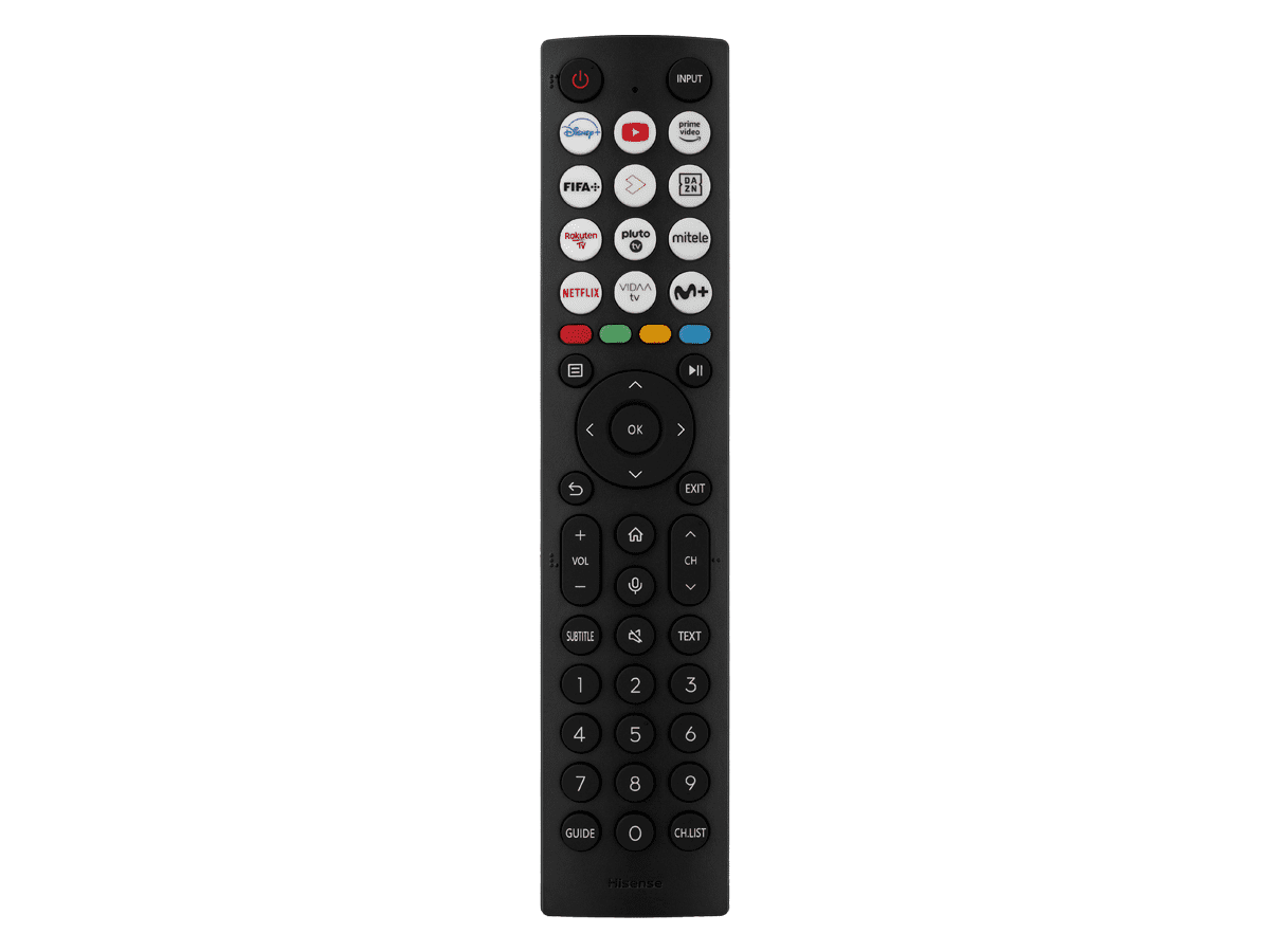 Mando a distancia de TV negro con muchos botones, sobre fondo blanco.