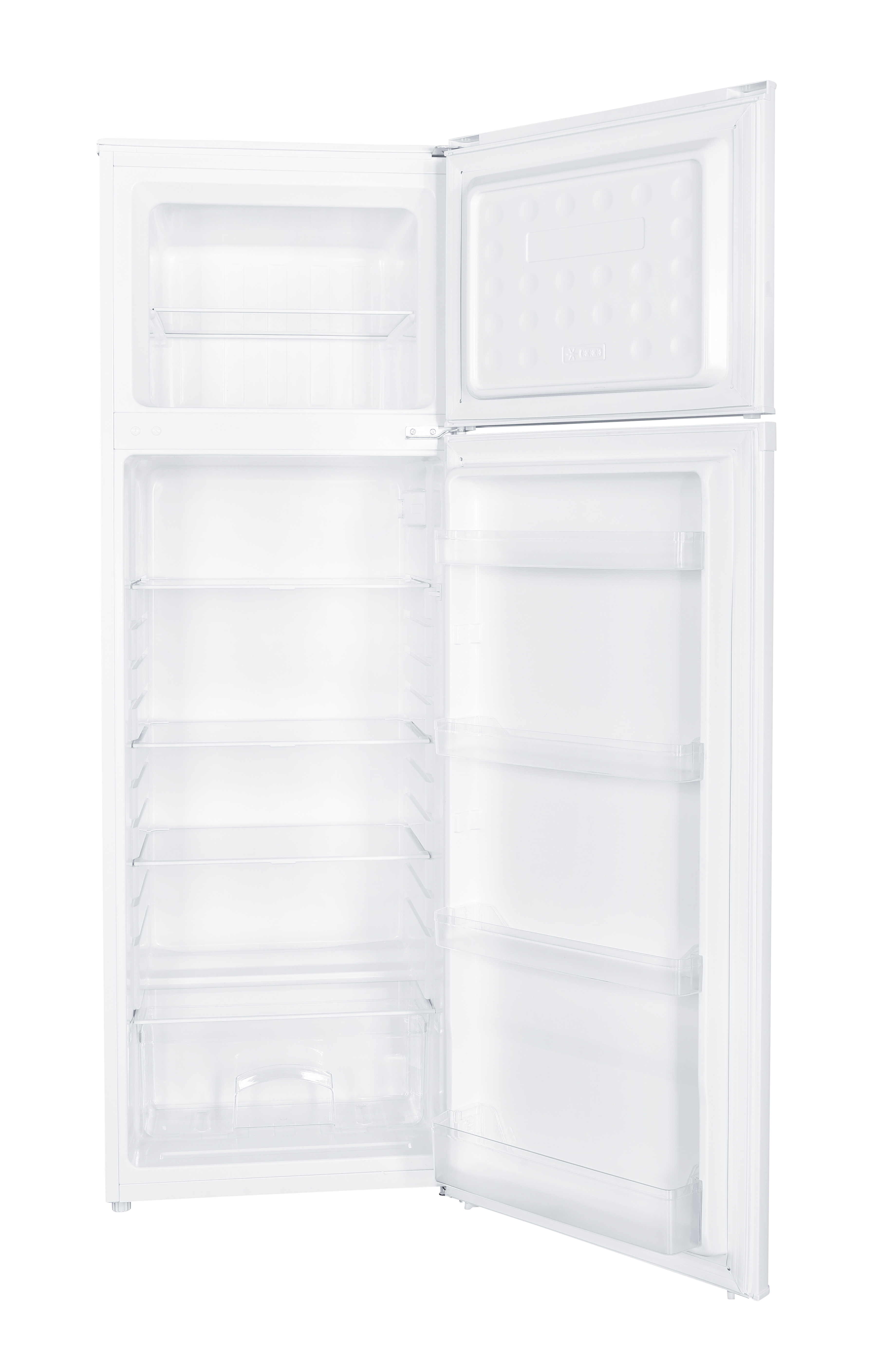 Refrigerador blanco con las puertas abiertas.