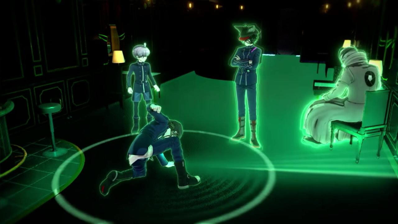 Grün beleuchtete Szene mit Anime-Charakteren in einem Raum, einer kniend.