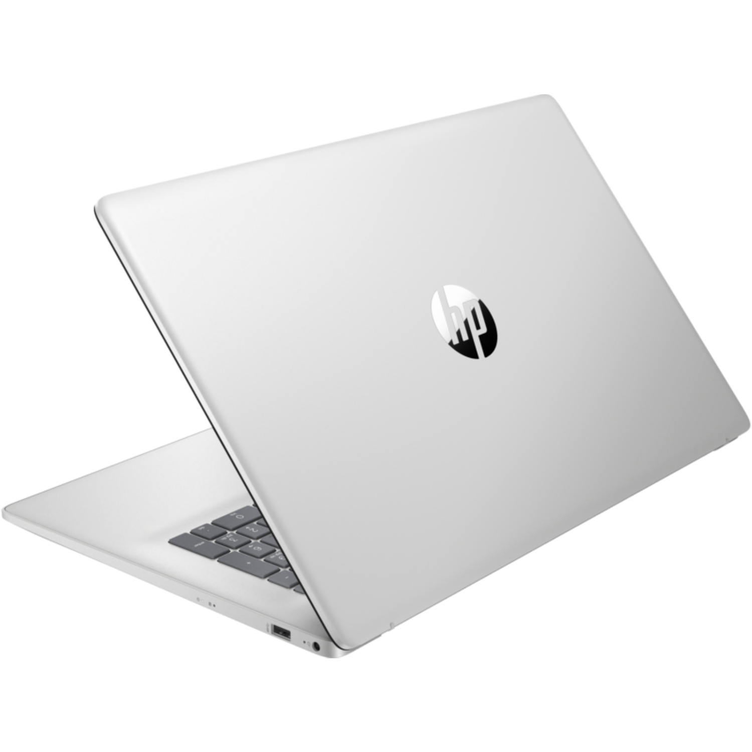 Zilveren laptop, achteraanzicht, open op een zwarte achtergrond. HP-logo zichtbaar.