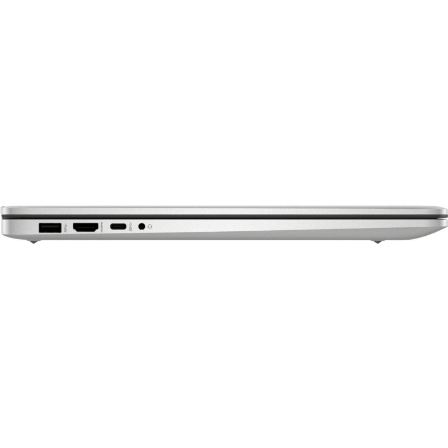 Zijaanzicht van laptop. Zilverkleurig, met poorten en een slank, dun ontwerp.