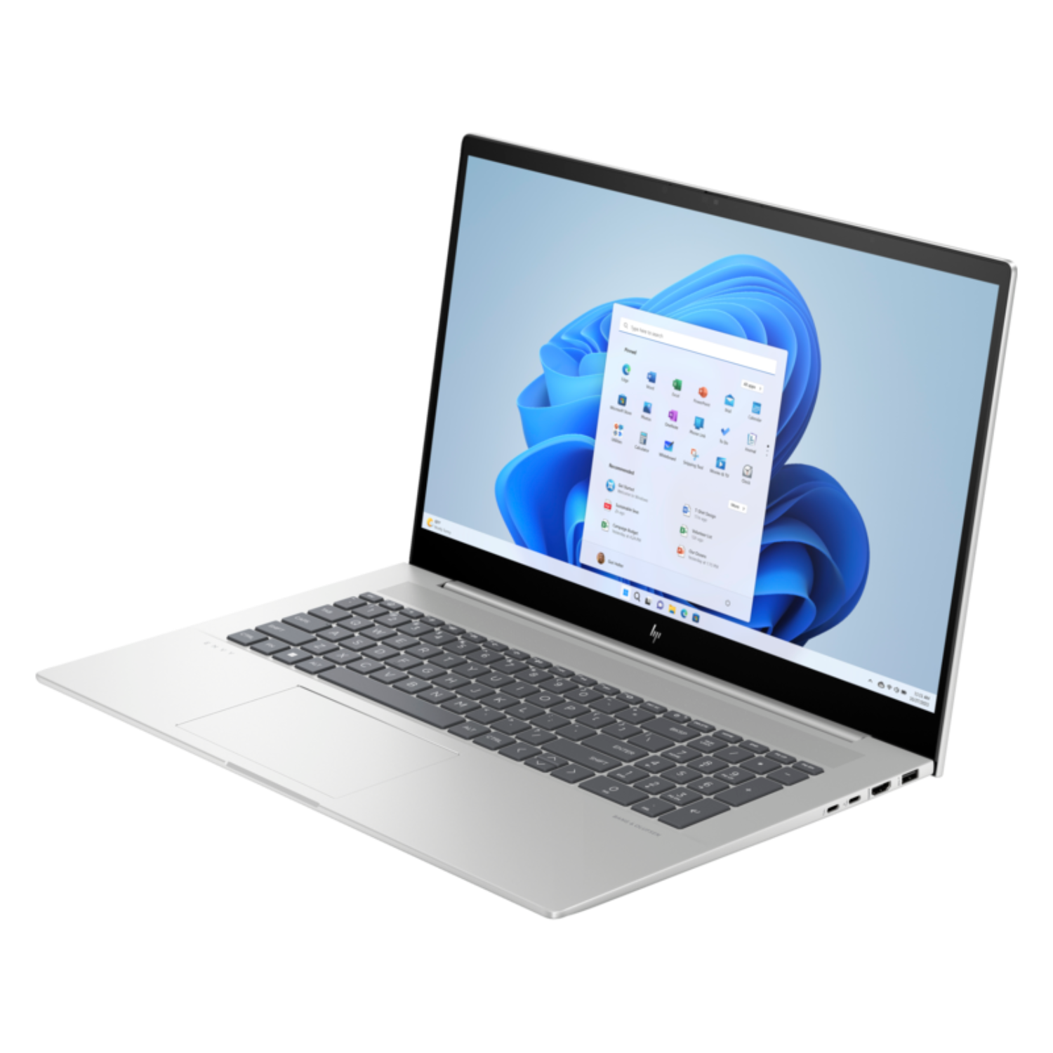 Silver laptop on a white background, open and displaying a Windows 11 screen.
