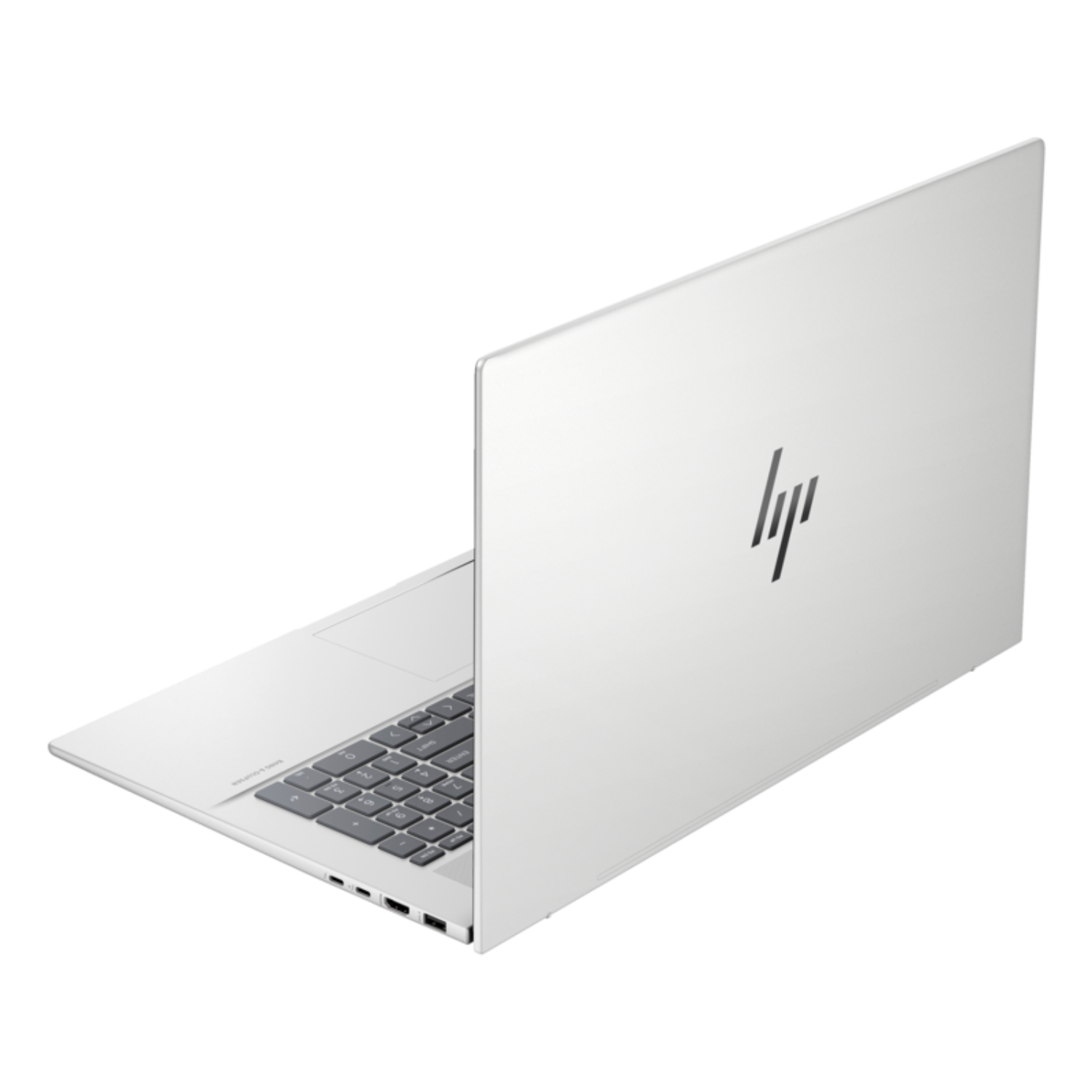 A white laptop with the HP logo on the lid, open to show the keyboard.