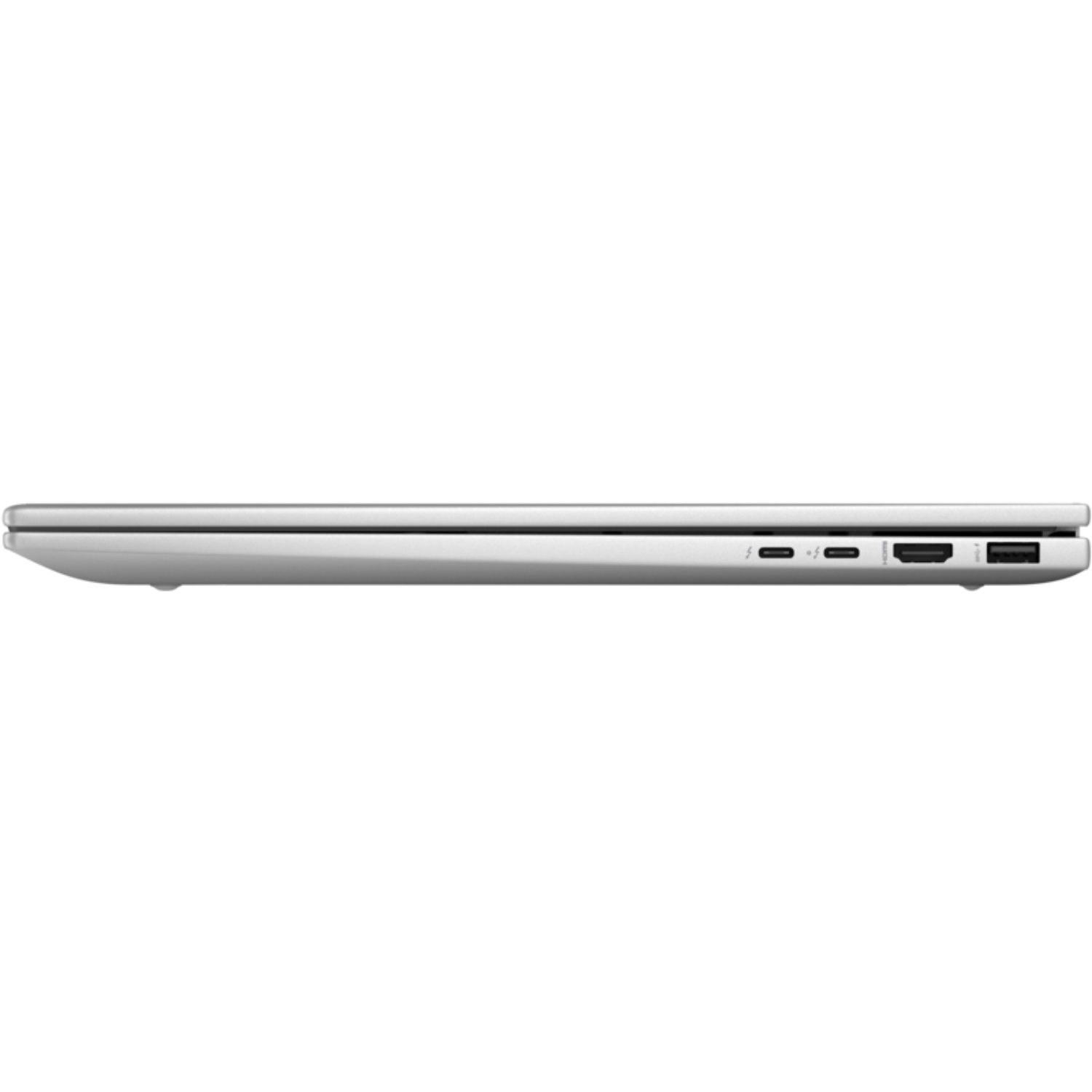 A silver laptop, side view, showing ports along the edge. Dark background.