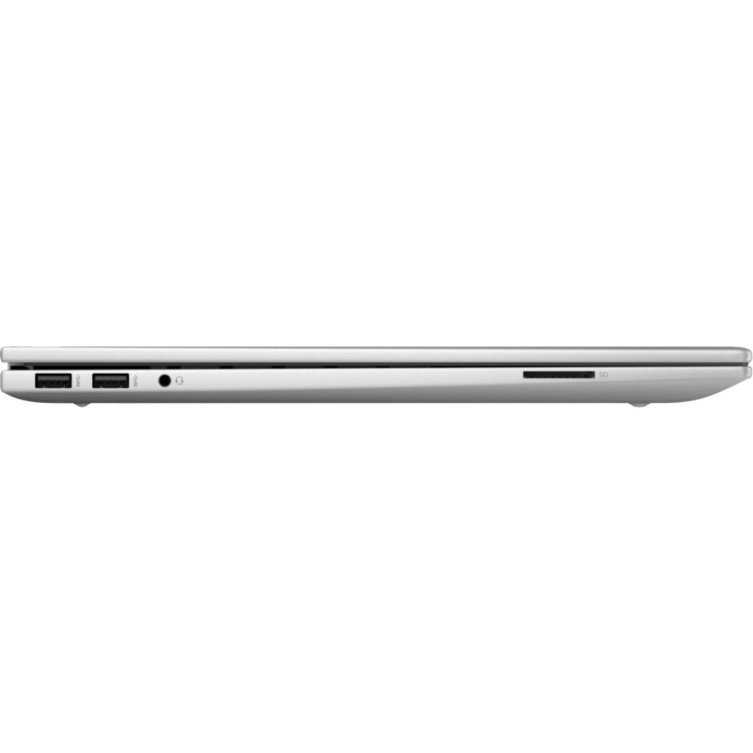 Side view of a silver laptop. Shows ports on the left and a card slot on the right edge.
