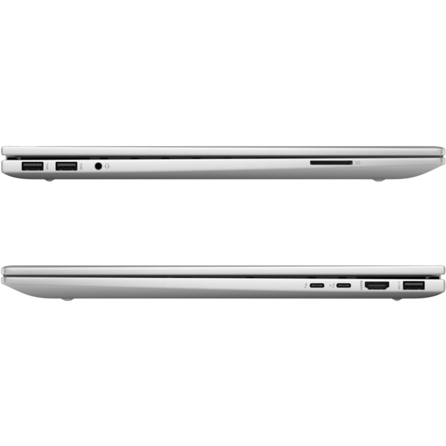 Side view of a silver laptop showing ports and vents.  Two stacked views, black background.