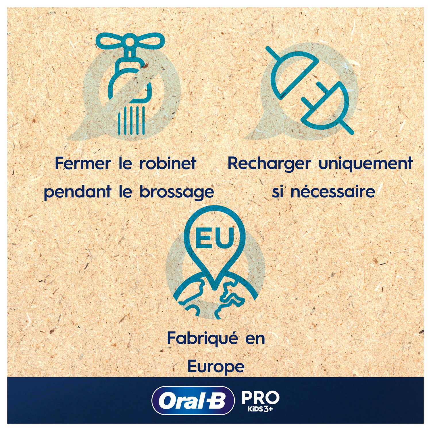Une illustration avec du texte en français. Les instructions se concentrent sur l'économie d'eau et la recharge des brosses à dents.