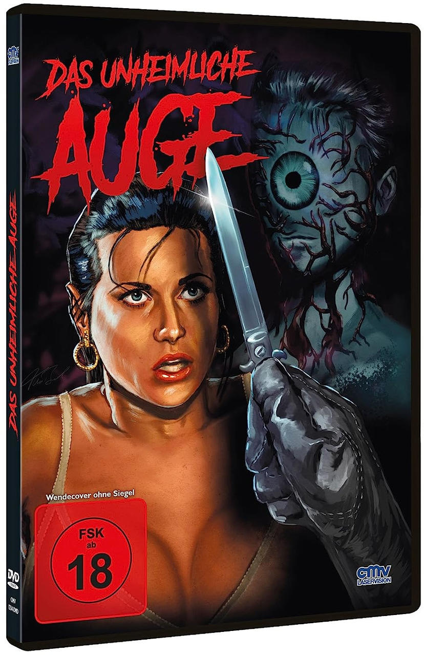 DVD-Cover eines Horrorfilms mit einer Frau und einem monströsen Auge.